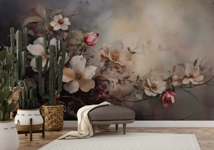 Wzór fototapety malowanej o nazwie Serene Magnolias pokazanej w aranżacji wnętrza.