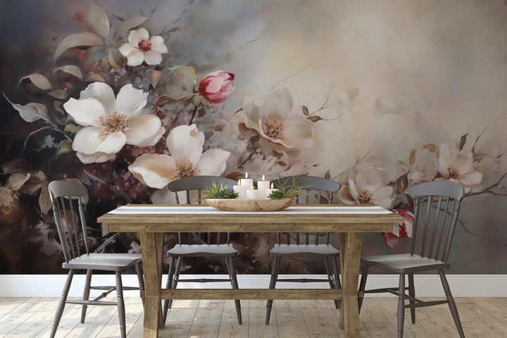 Fototapeta artystyczna o nazwie Serene Magnolias pokazana w aranżacji wnętrza.