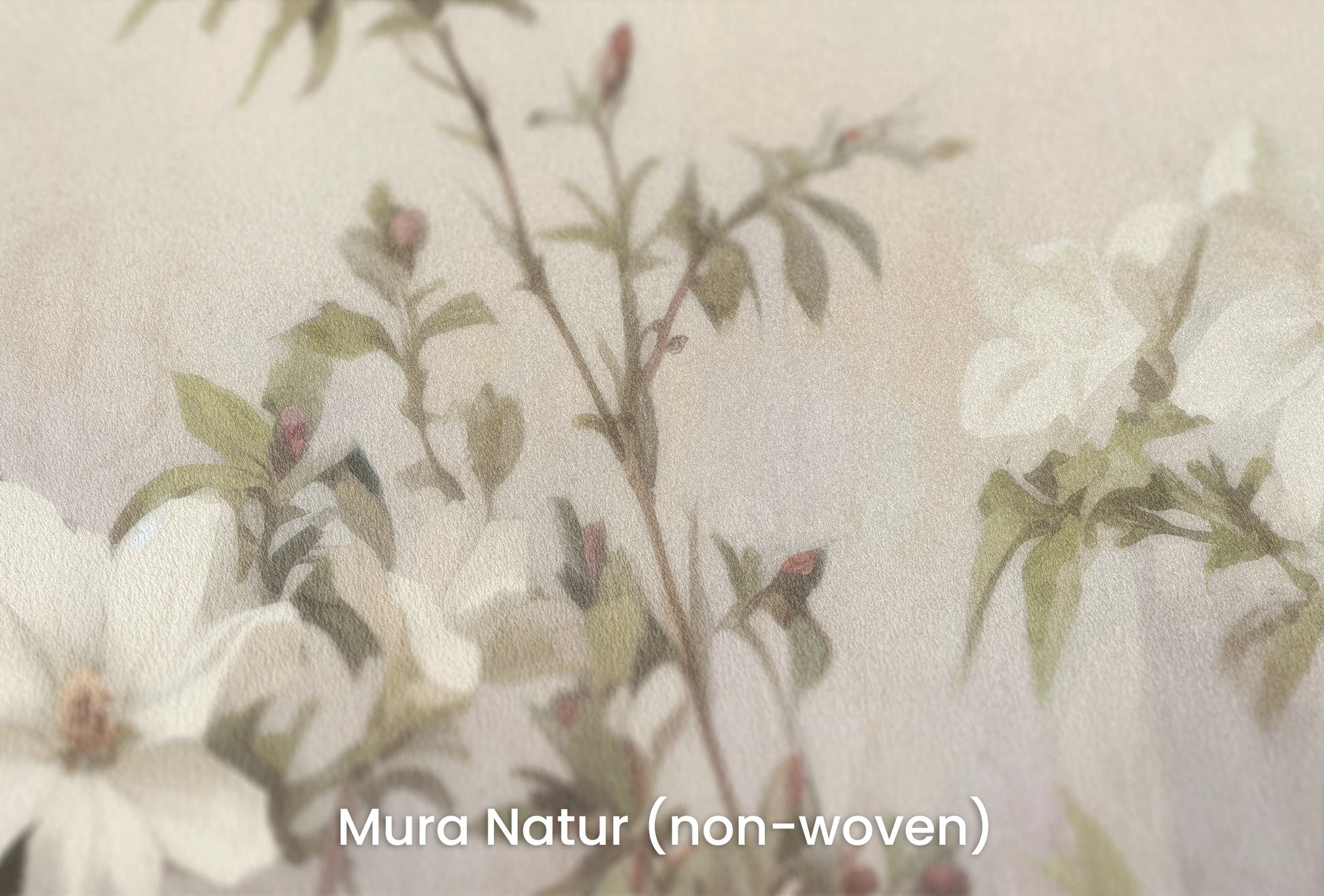 Zbliżenie na artystyczną fototapetę o nazwie Whispering Clematis na podłożu Mura Natur (non-woven) - naturalne i ekologiczne podłoże.