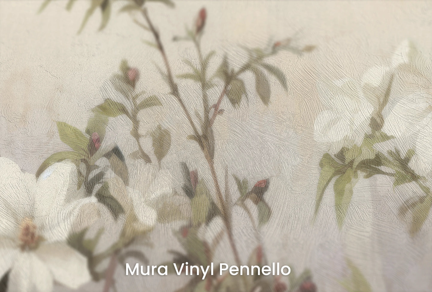Zbliżenie na artystyczną fototapetę o nazwie Whispering Clematis na podłożu Mura Vinyl Pennello - faktura pociągnięć pędzla malarskiego.
