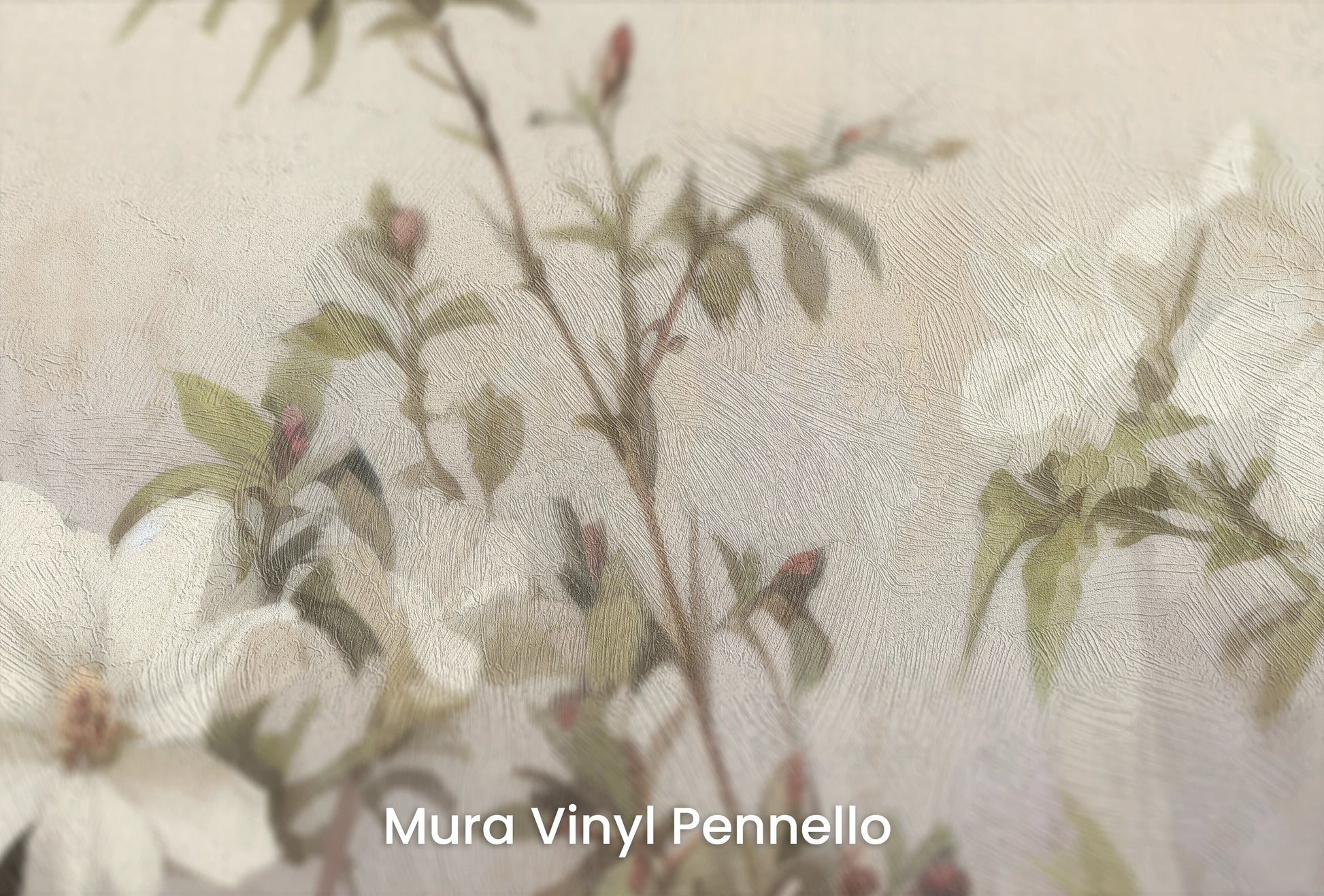 Zbliżenie na artystyczną fototapetę o nazwie Whispering Clematis na podłożu Mura Vinyl Pennello - faktura pociągnięć pędzla malarskiego.