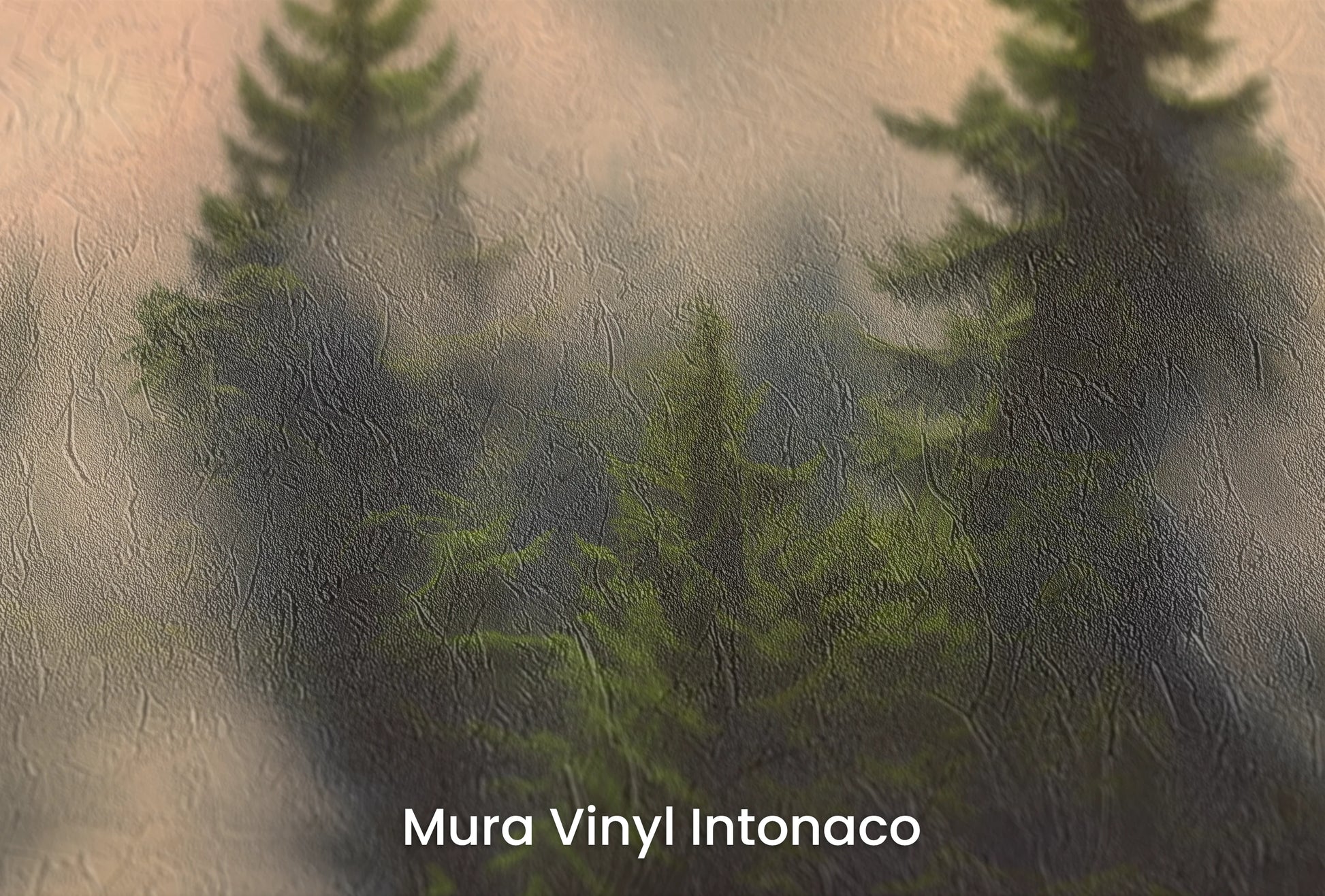 Zbliżenie na artystyczną fototapetę o nazwie Wschód nad Puszczą na podłożu Mura Vinyl Intonaco - struktura tartego tynku.