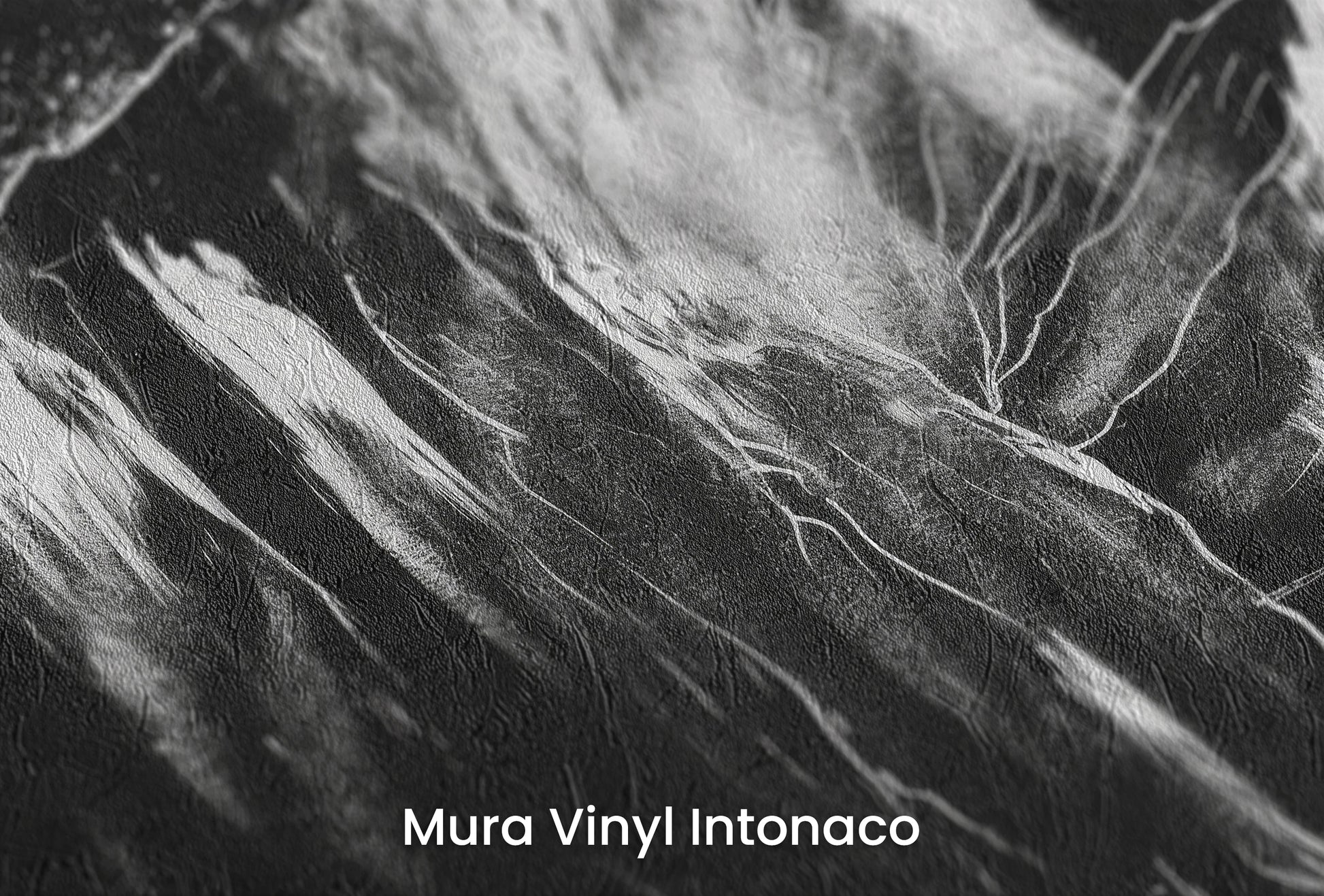 Zbliżenie na artystyczną fototapetę o nazwie Charcoal Edges na podłożu Mura Vinyl Intonaco - struktura tartego tynku.