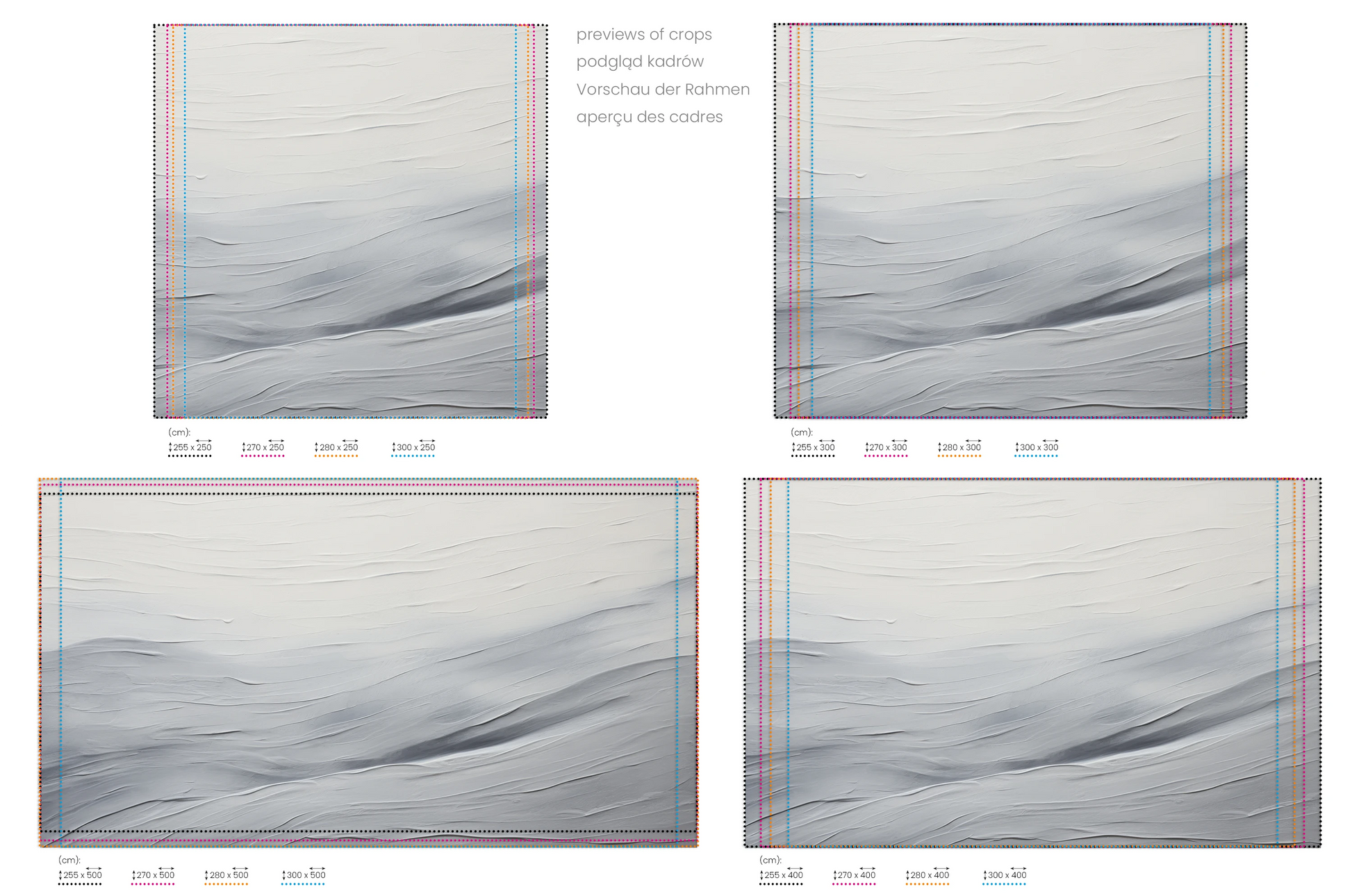 Na obrazie znajduje się prezentacja przykładowych rozmiarów fototapety o nazwie Ethereal Flow. Rozmiar fototapety jest dowolny.