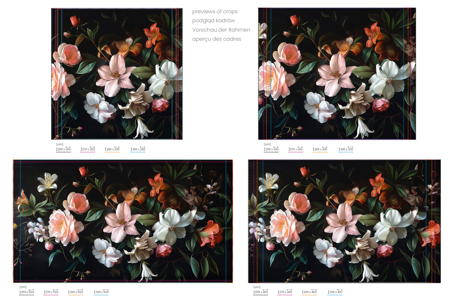 Na obrazie znajduje się prezentacja przykładowych rozmiarów fototapety o nazwie Aged Floral Tapestry. Rozmiar fototapety jest dowolny.