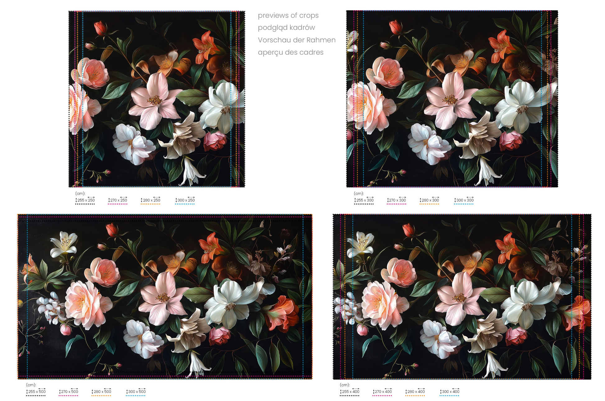 Na obrazie znajduje się prezentacja przykładowych rozmiarów fototapety o nazwie Aged Floral Tapestry. Rozmiar fototapety jest dowolny.