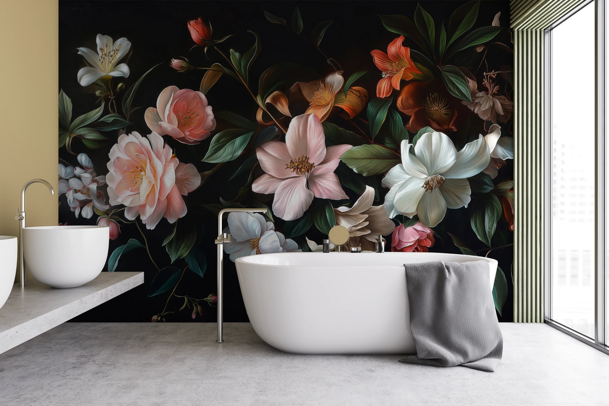Wzór fototapety o nazwie Aged Floral Tapestry pokazanej w kontekście pomieszczenia.