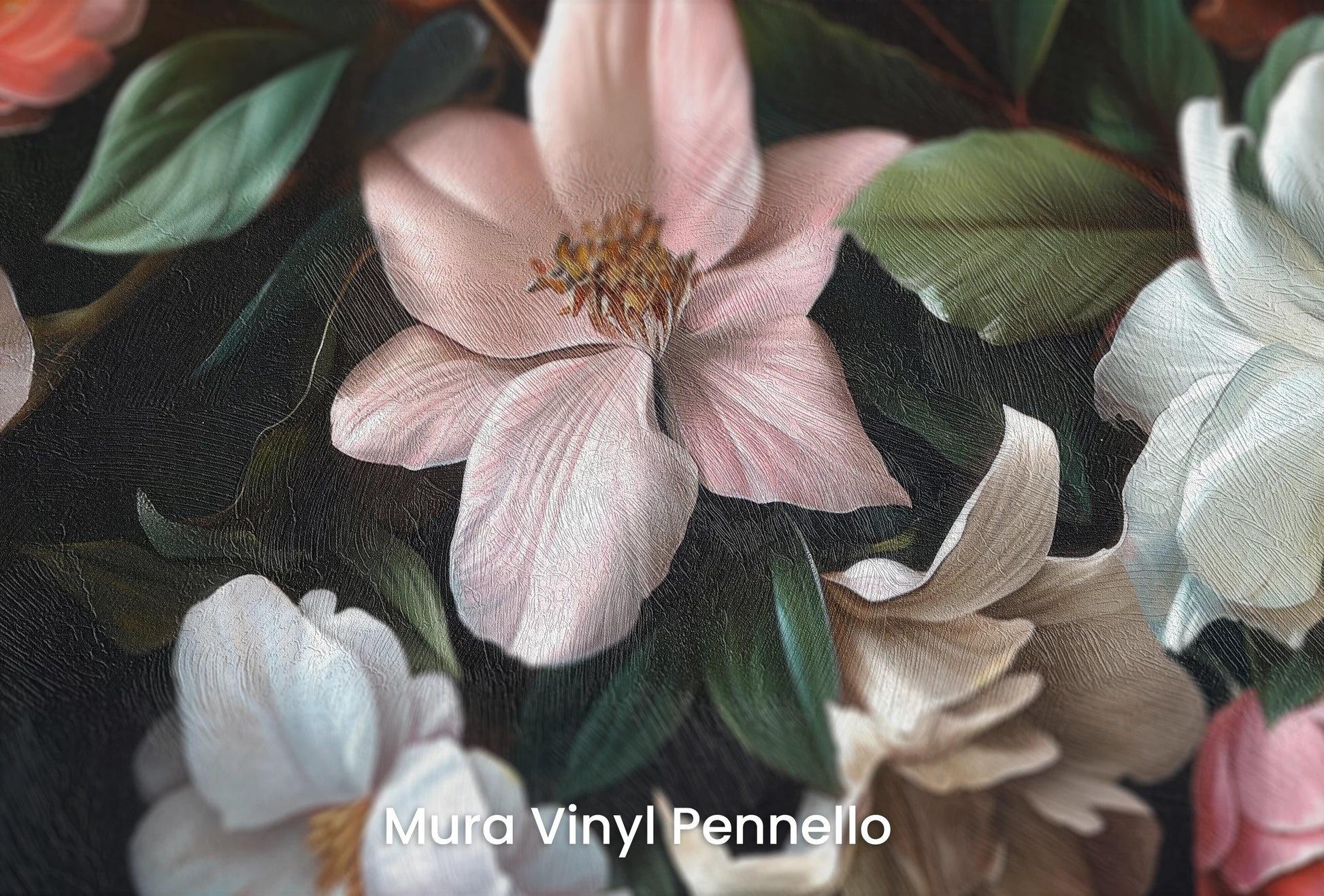 Zbliżenie na artystyczną fototapetę o nazwie Aged Floral Tapestry na podłożu Mura Vinyl Pennello - faktura pociągnięć pędzla malarskiego.
