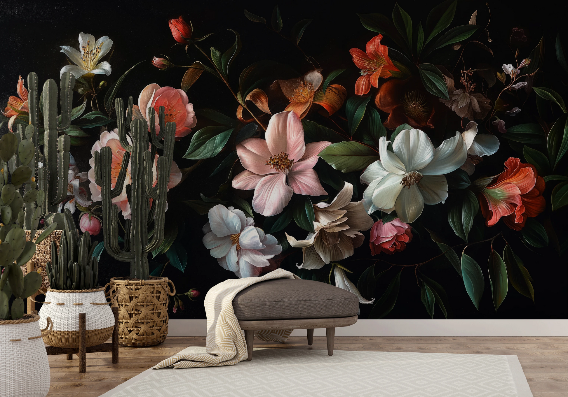 Fototapeta malowana o nazwie Aged Floral Tapestry pokazana w aranżacji wnętrza.
