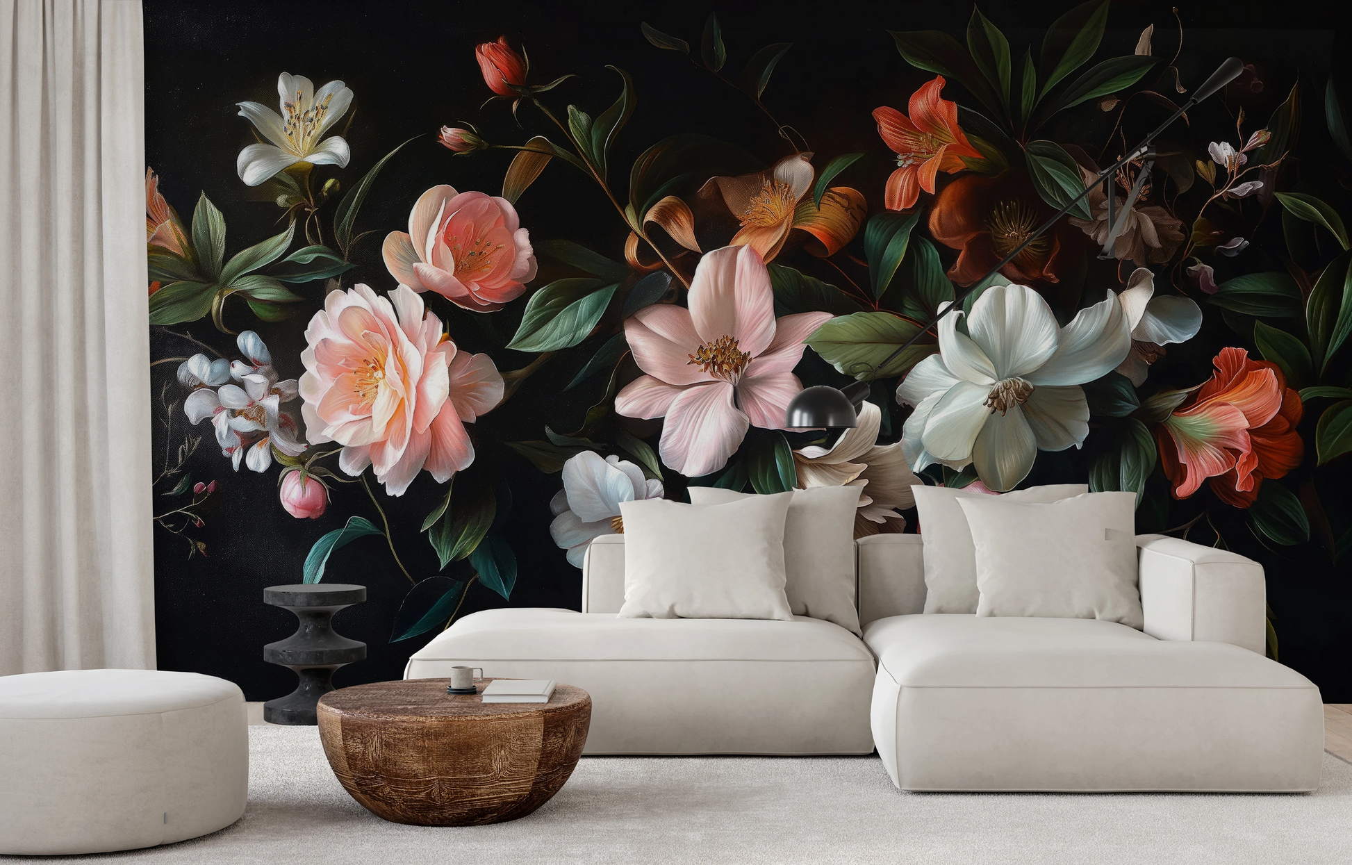 Wzór fototapety malowanej o nazwie Aged Floral Tapestry pokazanej w aranżacji wnętrza.