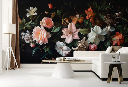Wzór fototapety artystycznej o nazwie Aged Floral Tapestry pokazanej w aranżacji wnętrza.