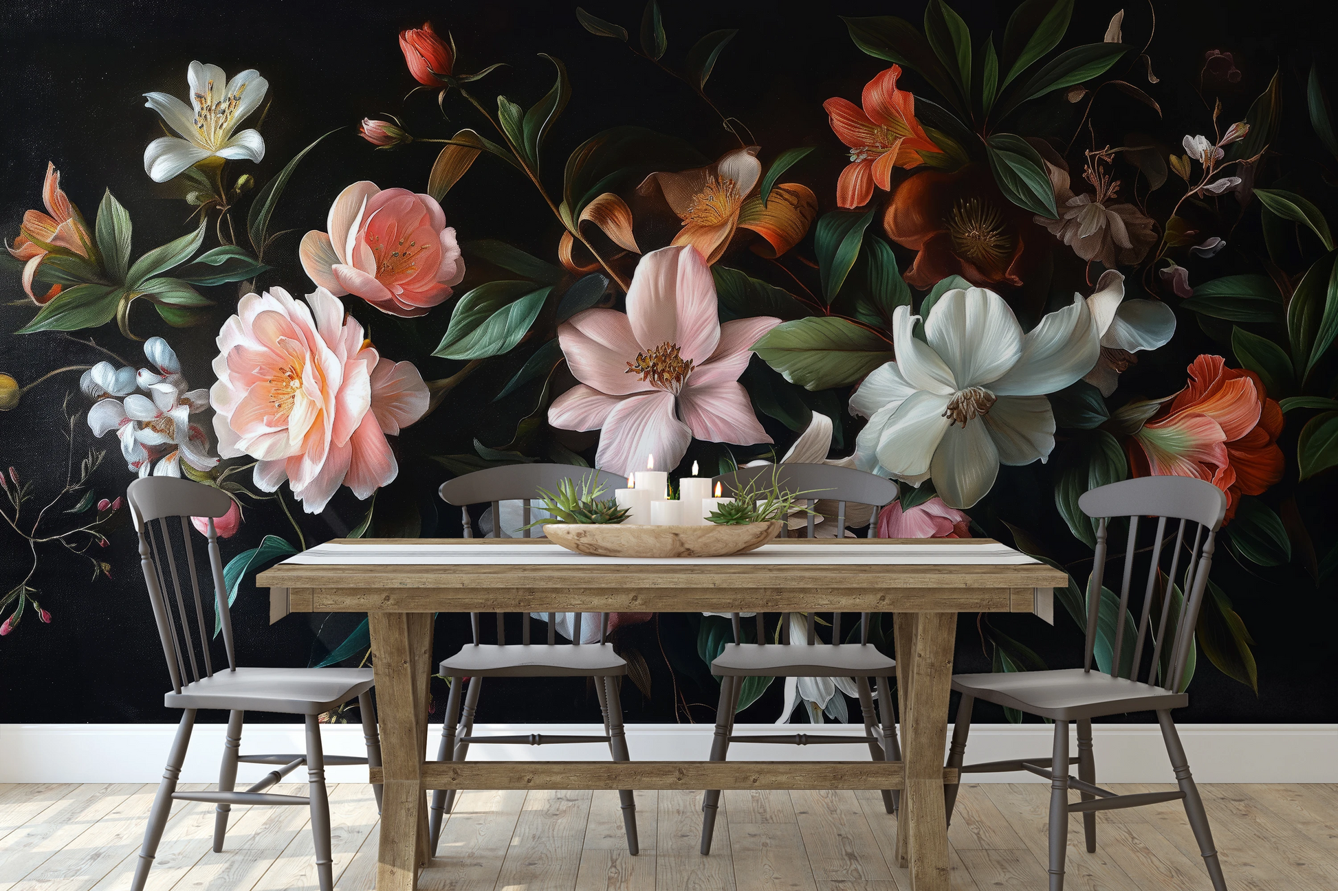 Wzór fototapety artystycznej o nazwie Aged Floral Tapestry pokazanej w aranżacji wnętrza.