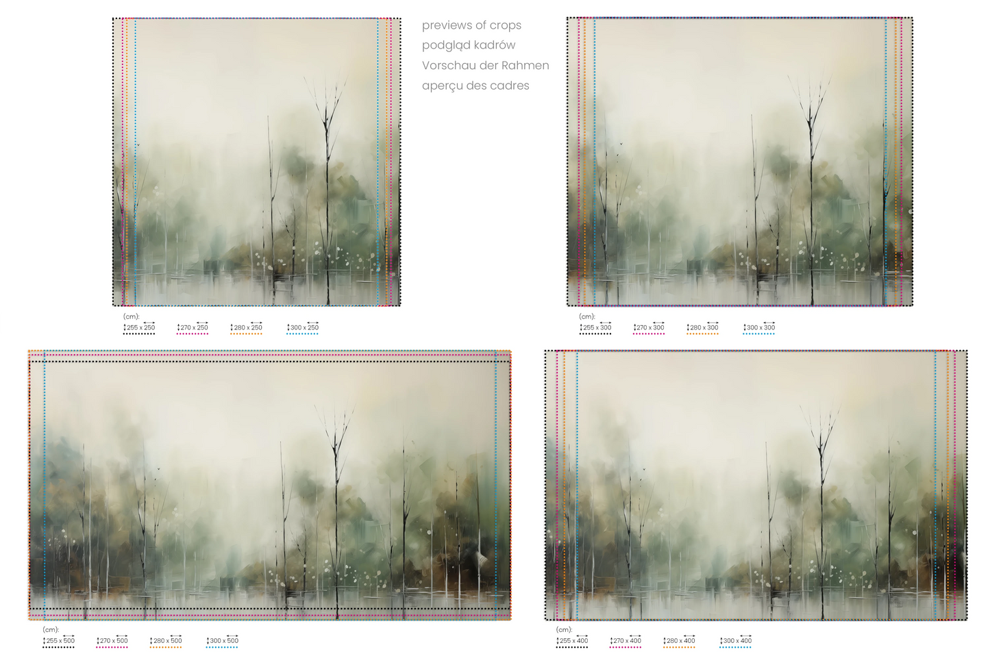Na obrazie znajduje się prezentacja przykładowych rozmiarów fototapety o nazwie Mgielne Drzewa. Rozmiar fototapety jest dowolny.