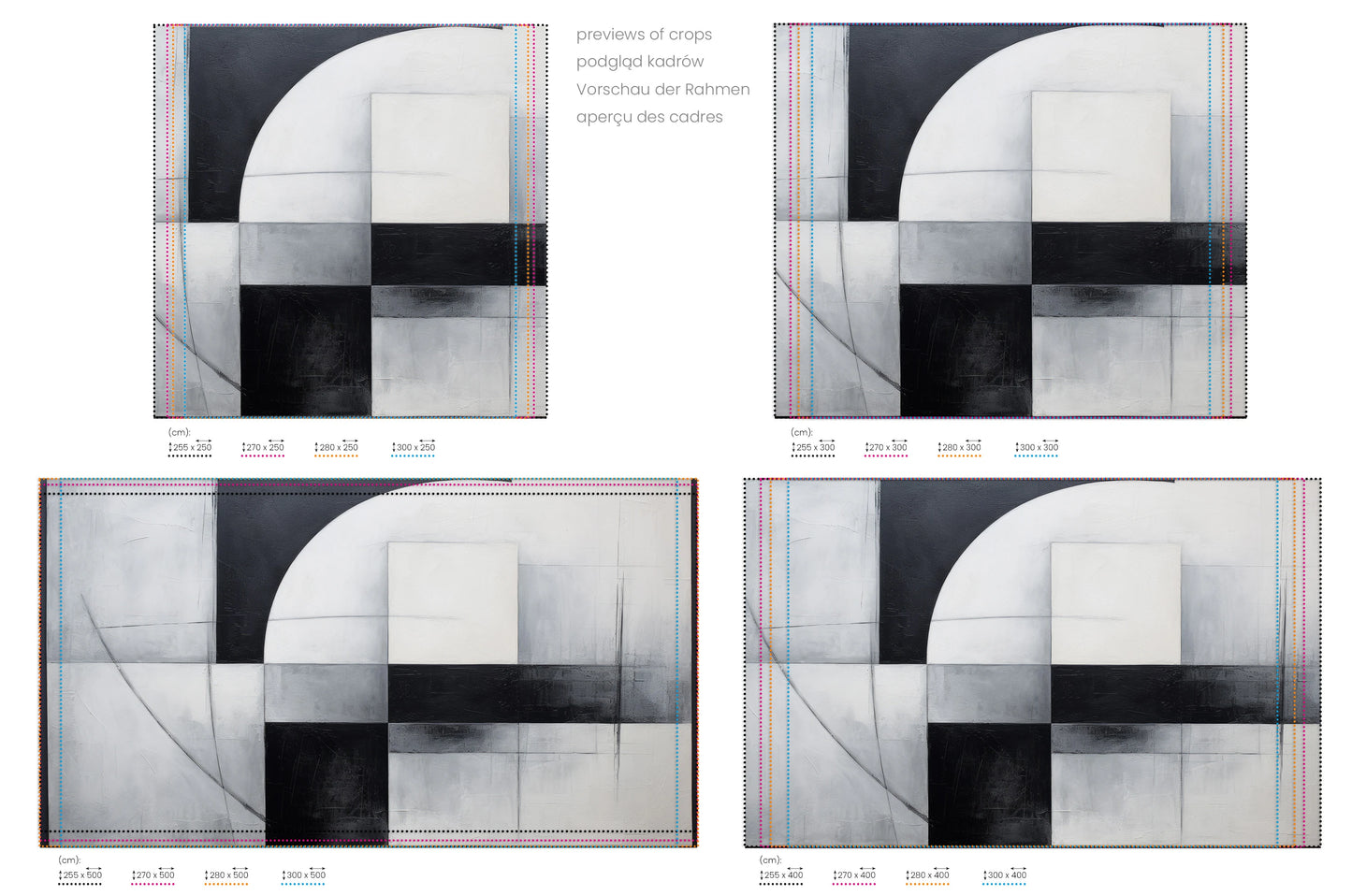 Na obrazie znajduje się prezentacja przykładowych rozmiarów fototapety o nazwie Monochrome Crescent Intersection. Rozmiar fototapety jest dowolny.