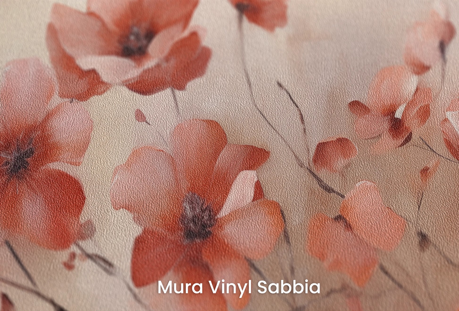 Zbliżenie na artystyczną fototapetę o nazwie Dawn Petal Dance na podłożu Mura Vinyl Sabbia struktura grubego ziarna piasku.