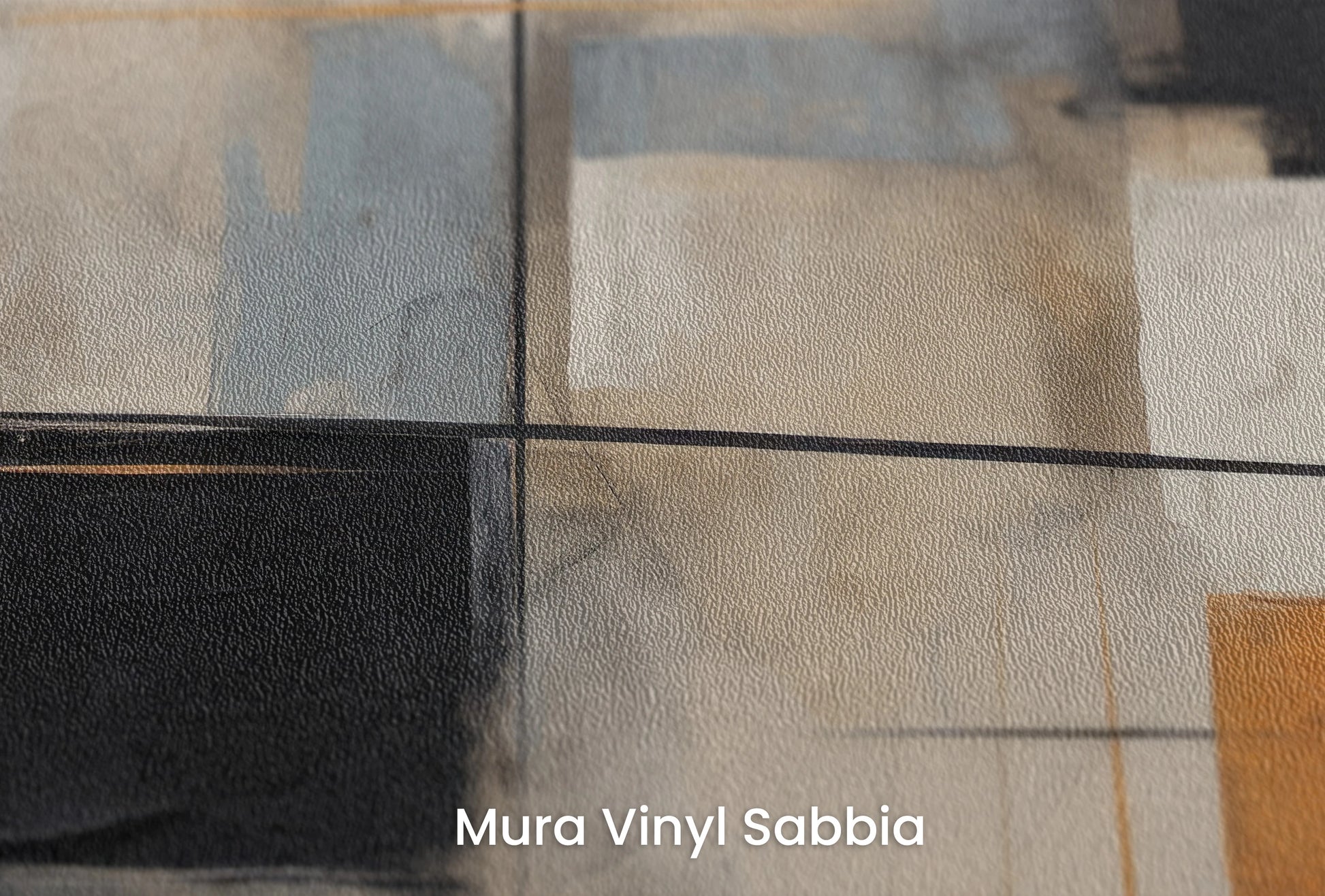 Zbliżenie na artystyczną fototapetę o nazwie Harmonious Geometric Patchwork na podłożu Mura Vinyl Sabbia struktura grubego ziarna piasku.
