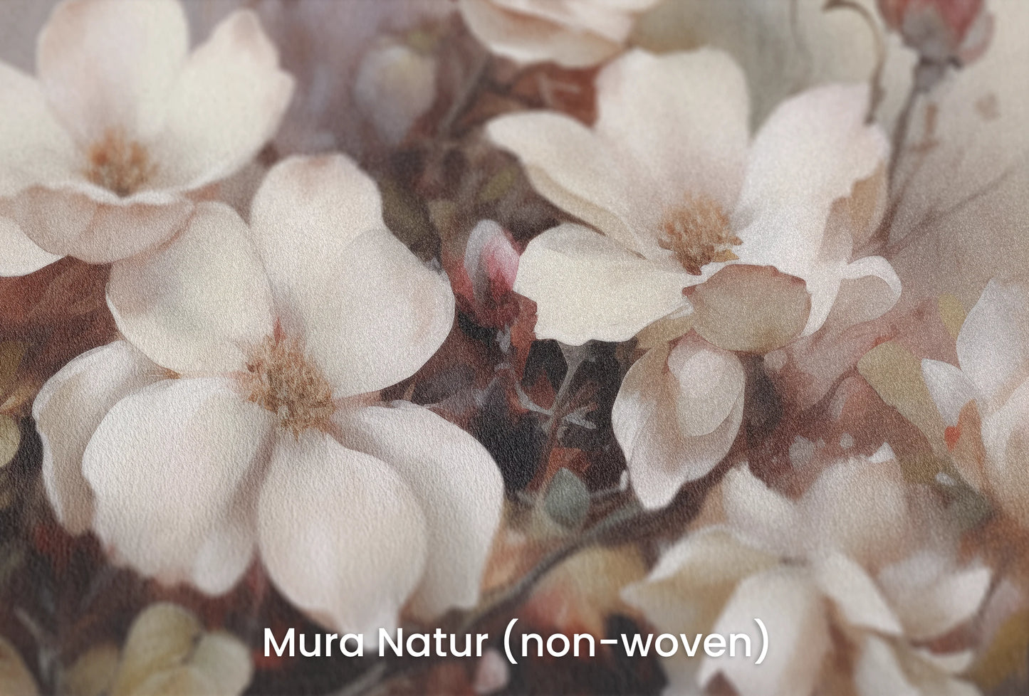 Zbliżenie na artystyczną fototapetę o nazwie Magnolia Mist na podłożu Mura Natur (non-woven) - naturalne i ekologiczne podłoże.