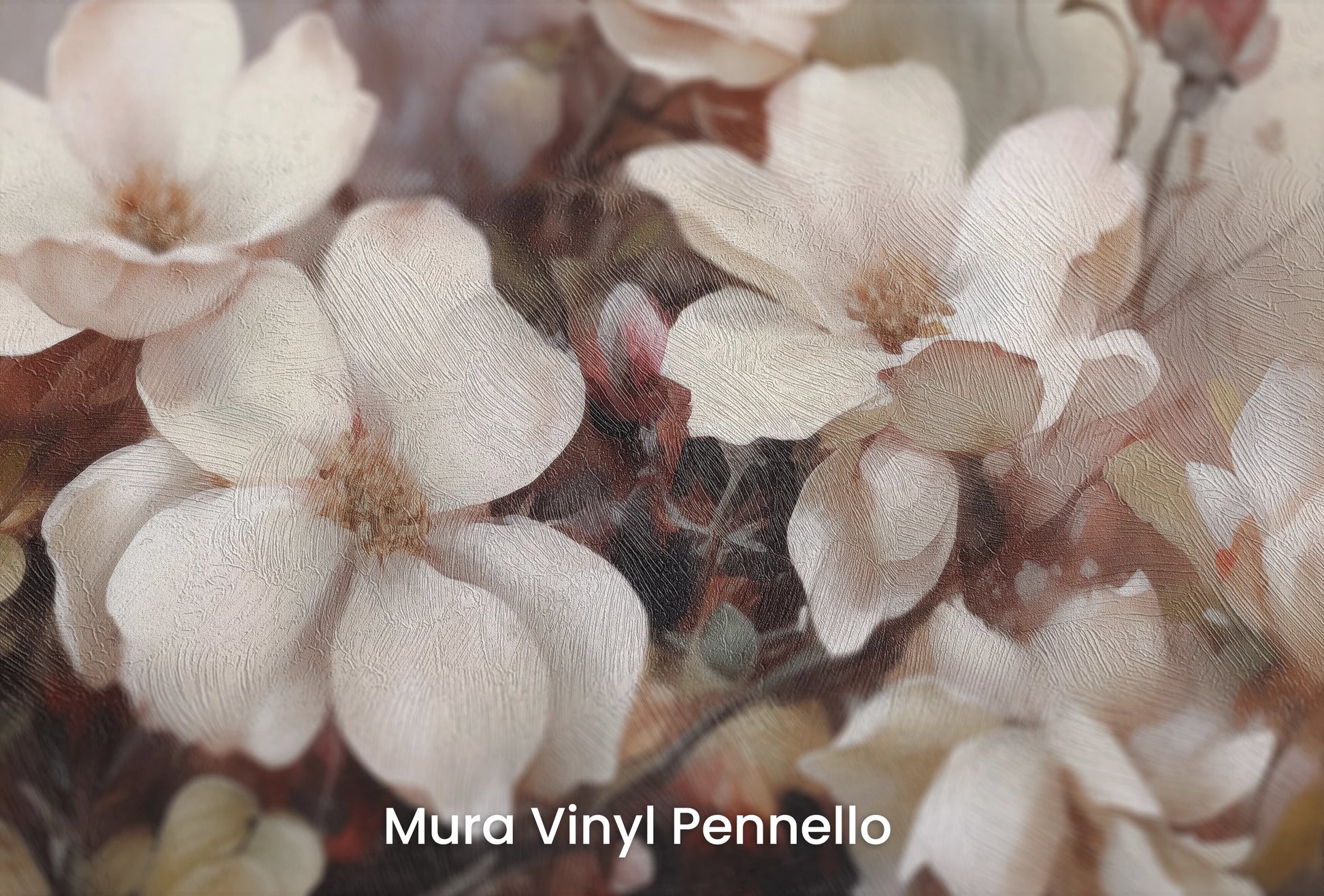 Zbliżenie na artystyczną fototapetę o nazwie Magnolia Mist na podłożu Mura Vinyl Pennello - faktura pociągnięć pędzla malarskiego.