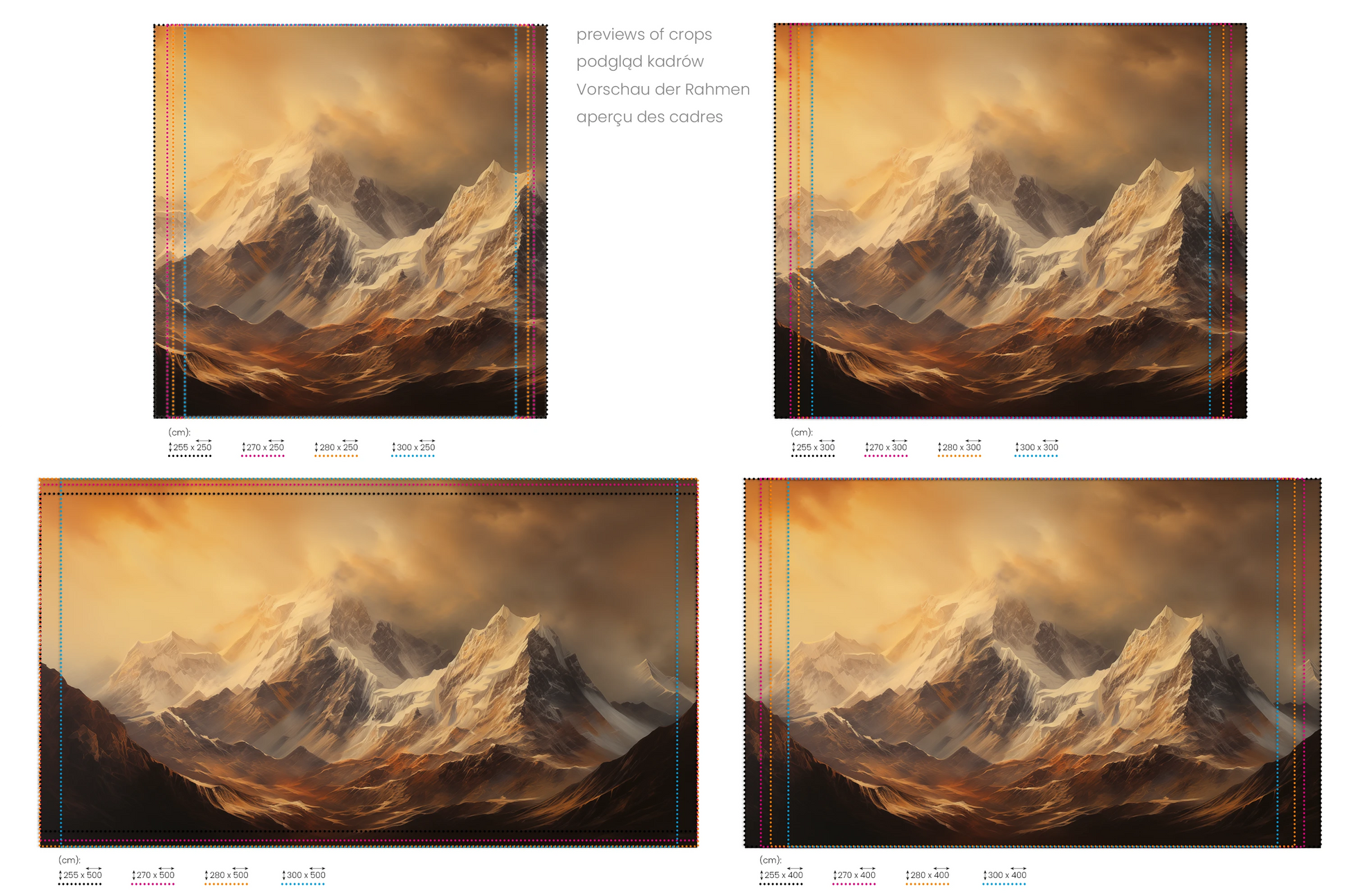 Na obrazie znajduje się prezentacja przykładowych rozmiarów fototapety o nazwie Golden Mountain Glow. Rozmiar fototapety jest dowolny.