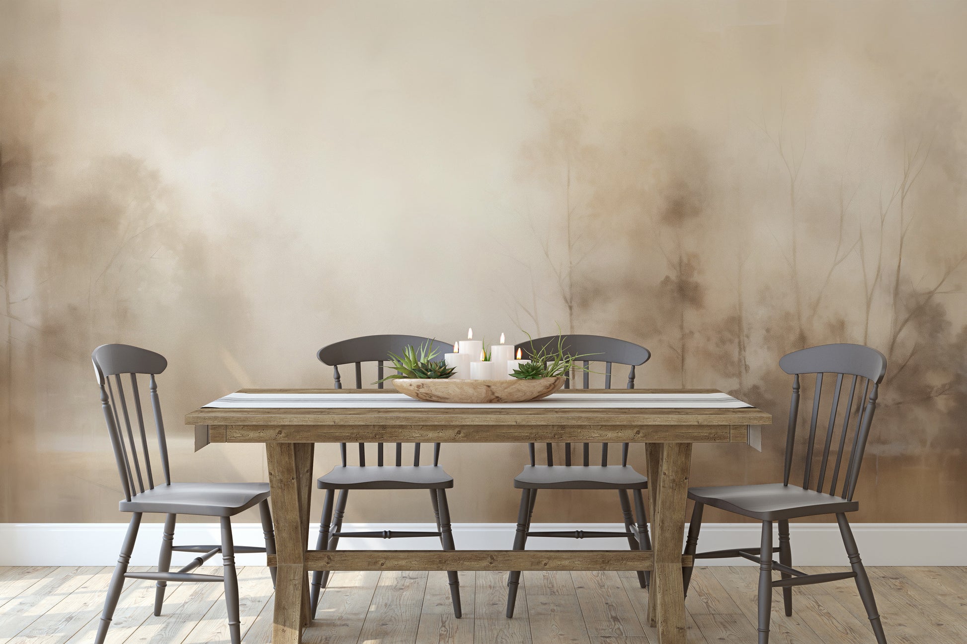 Wzór fototapety o nazwie MISTY MORNING VEIL MURAL pokazanej w kontekście pomieszczenia.