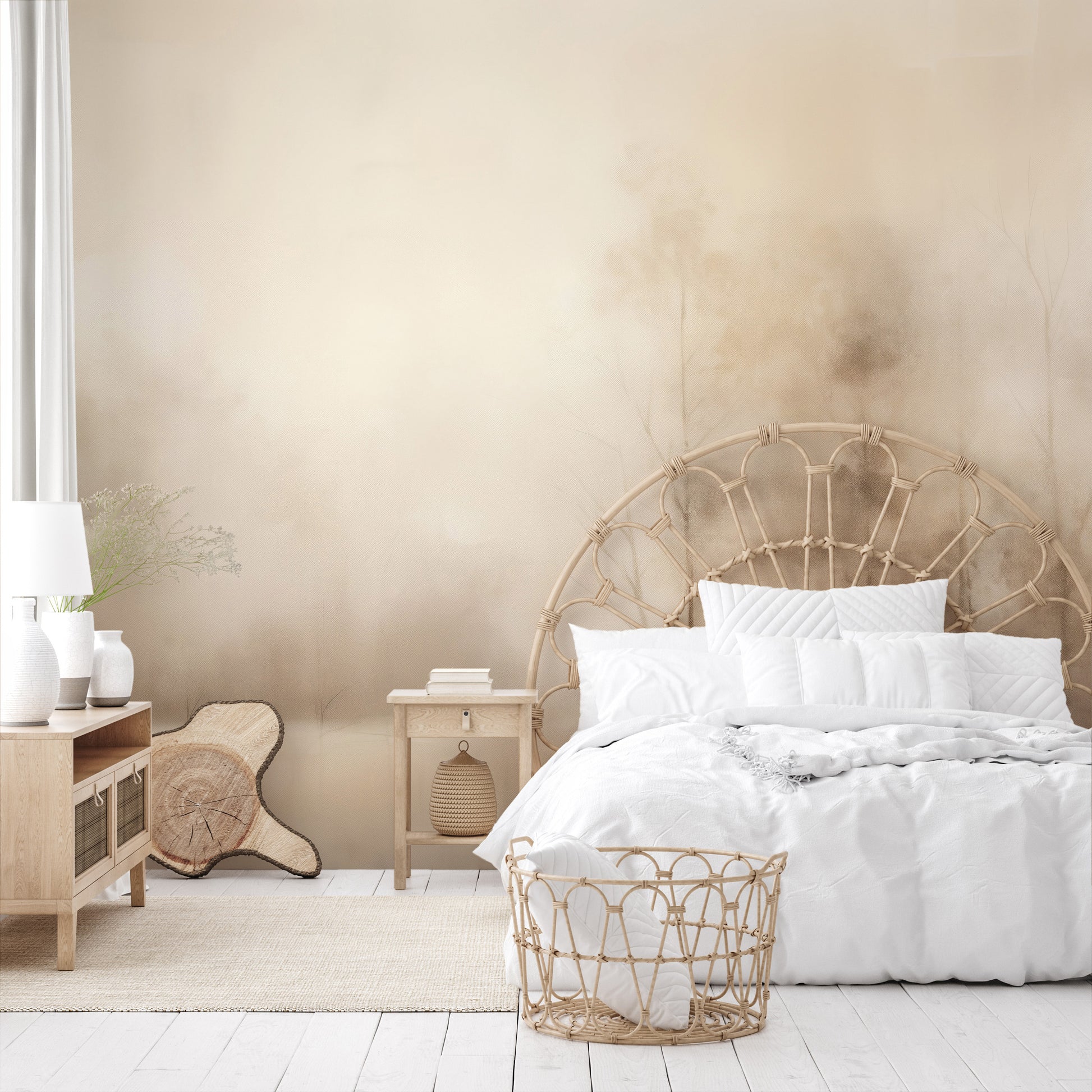 Zdjęcie prezentuje aranżację wnętrza z użyciem fototapety o nazwie MISTY MORNING VEIL MURAL pokazanej w aranżacji wnętrza.