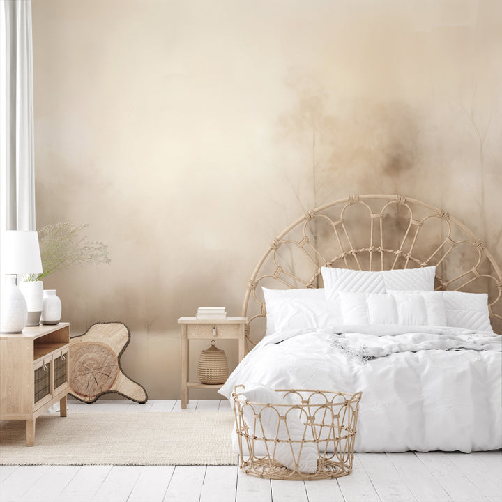 Zdjęcie prezentuje aranżację wnętrza z użyciem fototapety o nazwie MISTY MORNING VEIL MURAL pokazanej w aranżacji wnętrza.