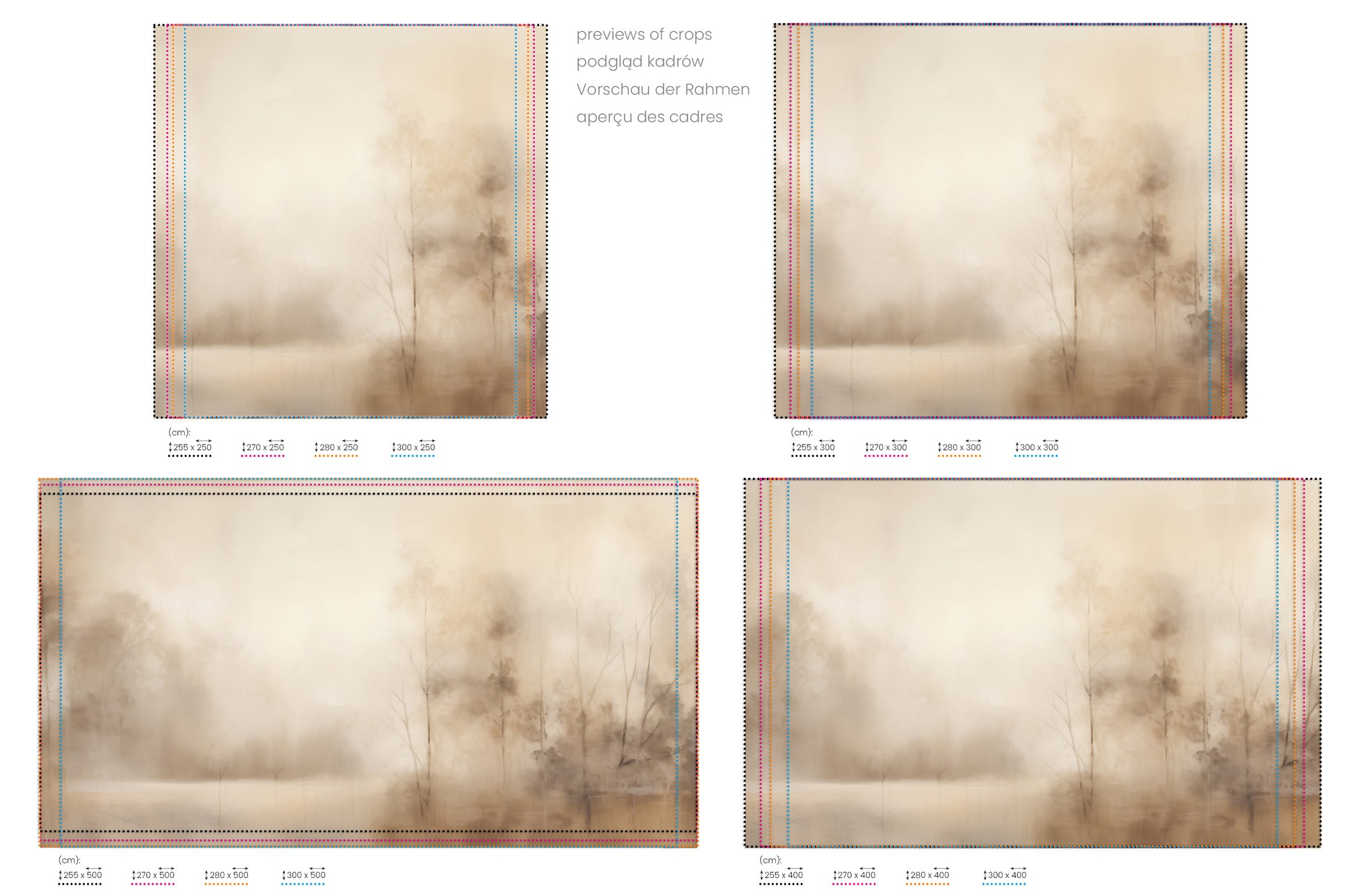 Na obrazie znajduje się prezentacja przykładowych rozmiarów fototapety o nazwie MISTY MORNING VEIL MURAL. Rozmiar fototapety jest dowolny.
