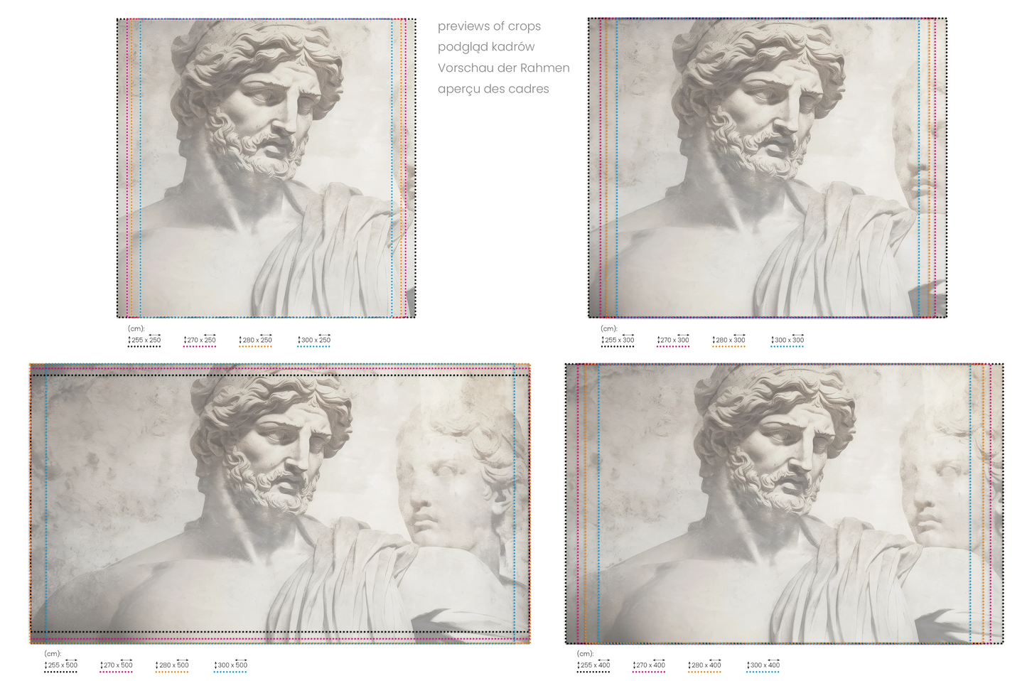 Na obrazie znajduje się prezentacja przykładowych rozmiarów fototapety o nazwie Athenian Discourse. Rozmiar fototapety jest dowolny.