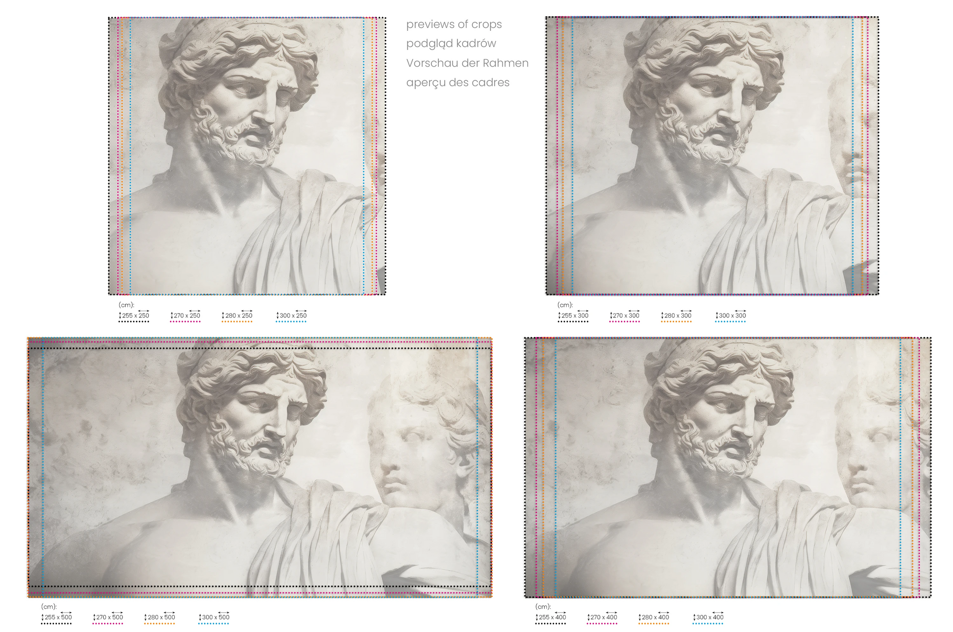 Na obrazie znajduje się prezentacja przykładowych rozmiarów fototapety o nazwie Athenian Discourse. Rozmiar fototapety jest dowolny.