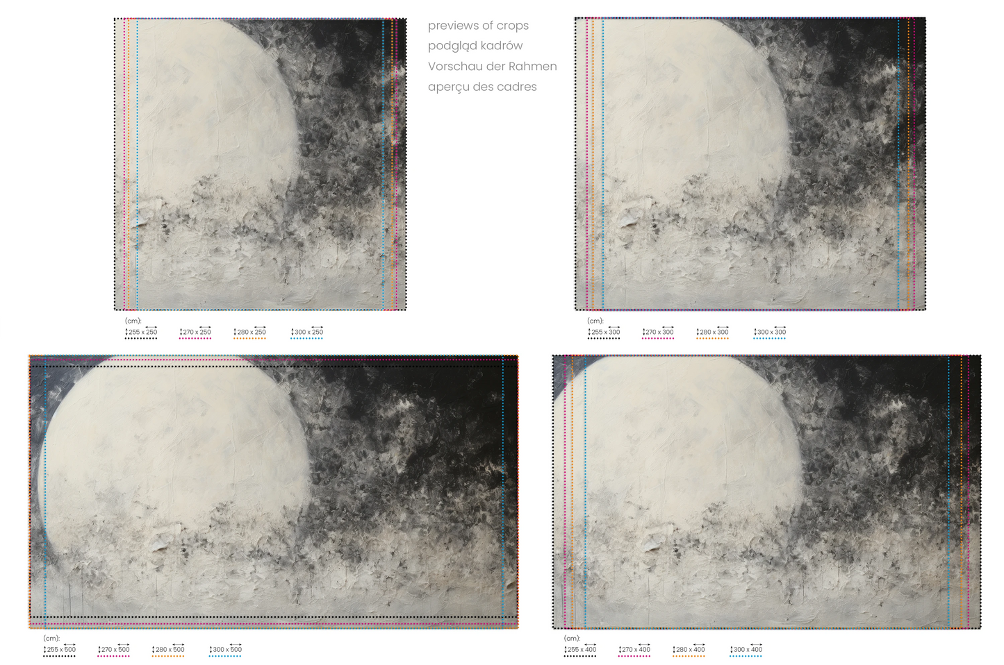 Na obrazie znajduje się prezentacja przykładowych rozmiarów fototapety o nazwie Full Moon Calm. Rozmiar fototapety jest dowolny.