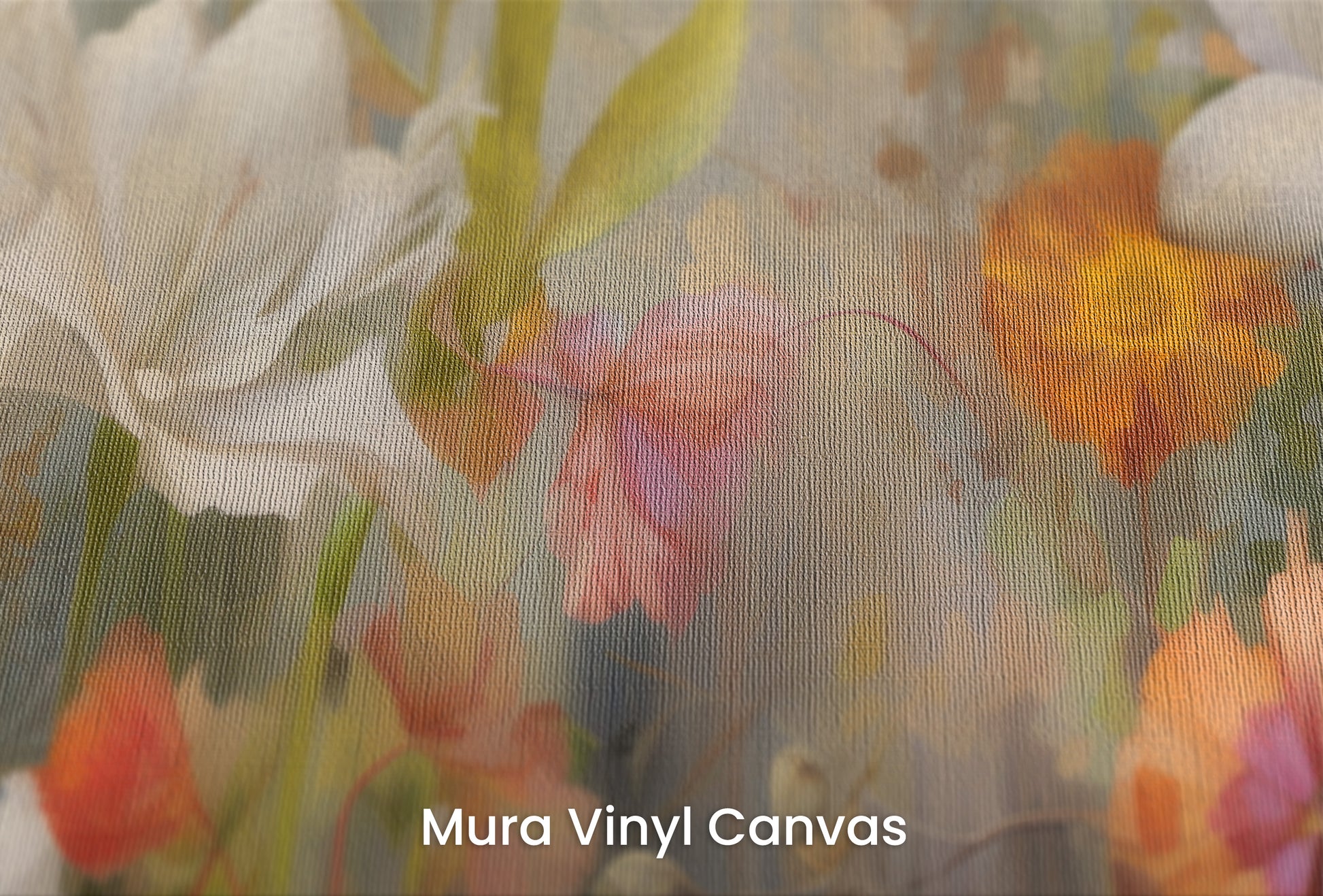 Zbliżenie na artystyczną fototapetę o nazwie Vibrant Blossom Symphony na podłożu Mura Vinyl Canvas - faktura naturalnego płótna.
