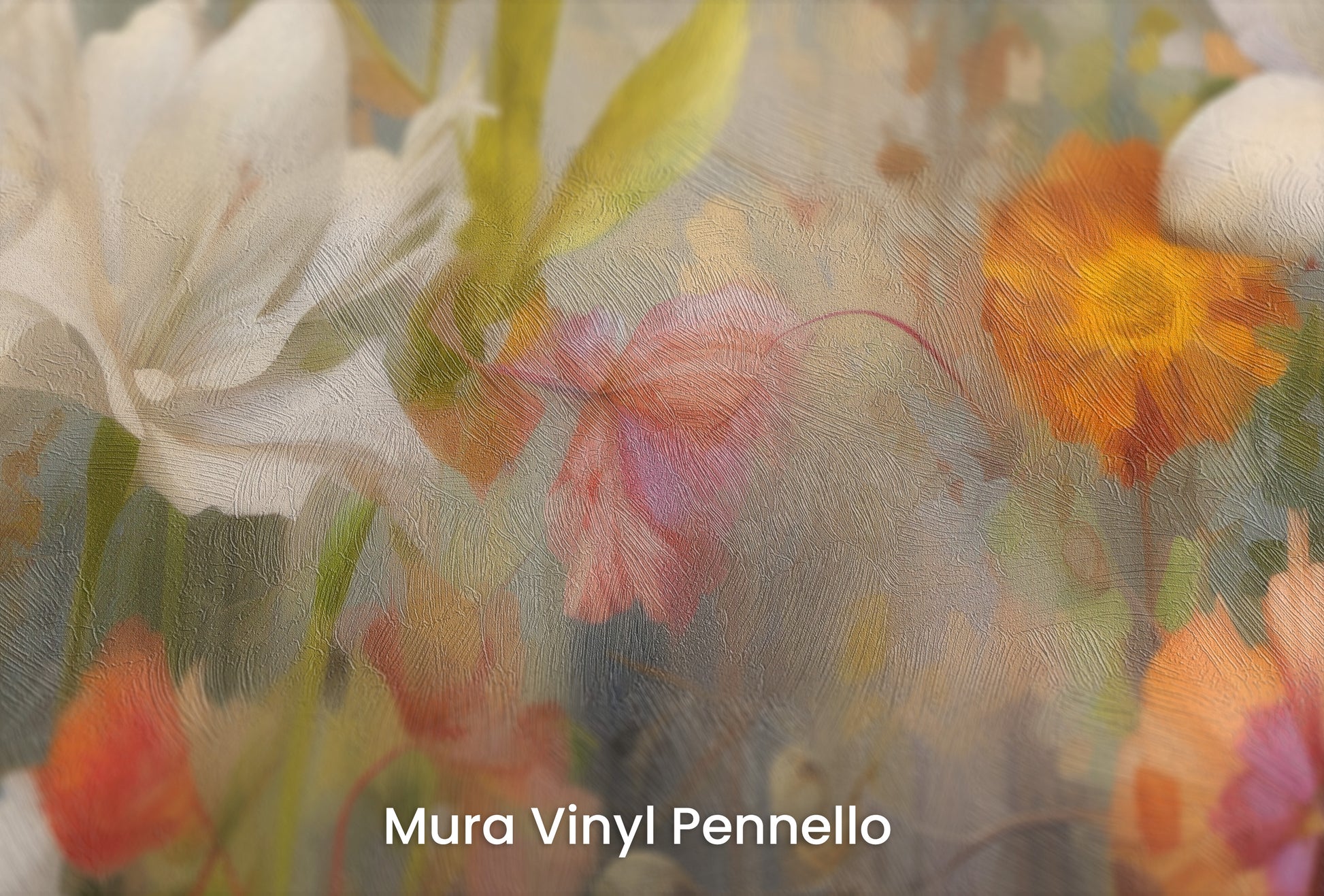 Zbliżenie na artystyczną fototapetę o nazwie Vibrant Blossom Symphony na podłożu Mura Vinyl Pennello - faktura pociągnięć pędzla malarskiego.