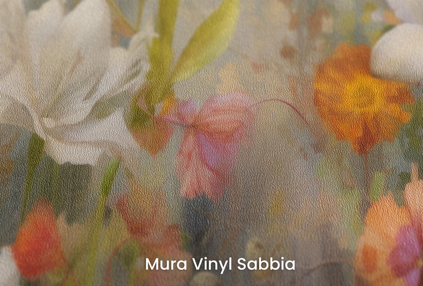 Zbliżenie na artystyczną fototapetę o nazwie Vibrant Blossom Symphony na podłożu Mura Vinyl Sabbia struktura grubego ziarna piasku.