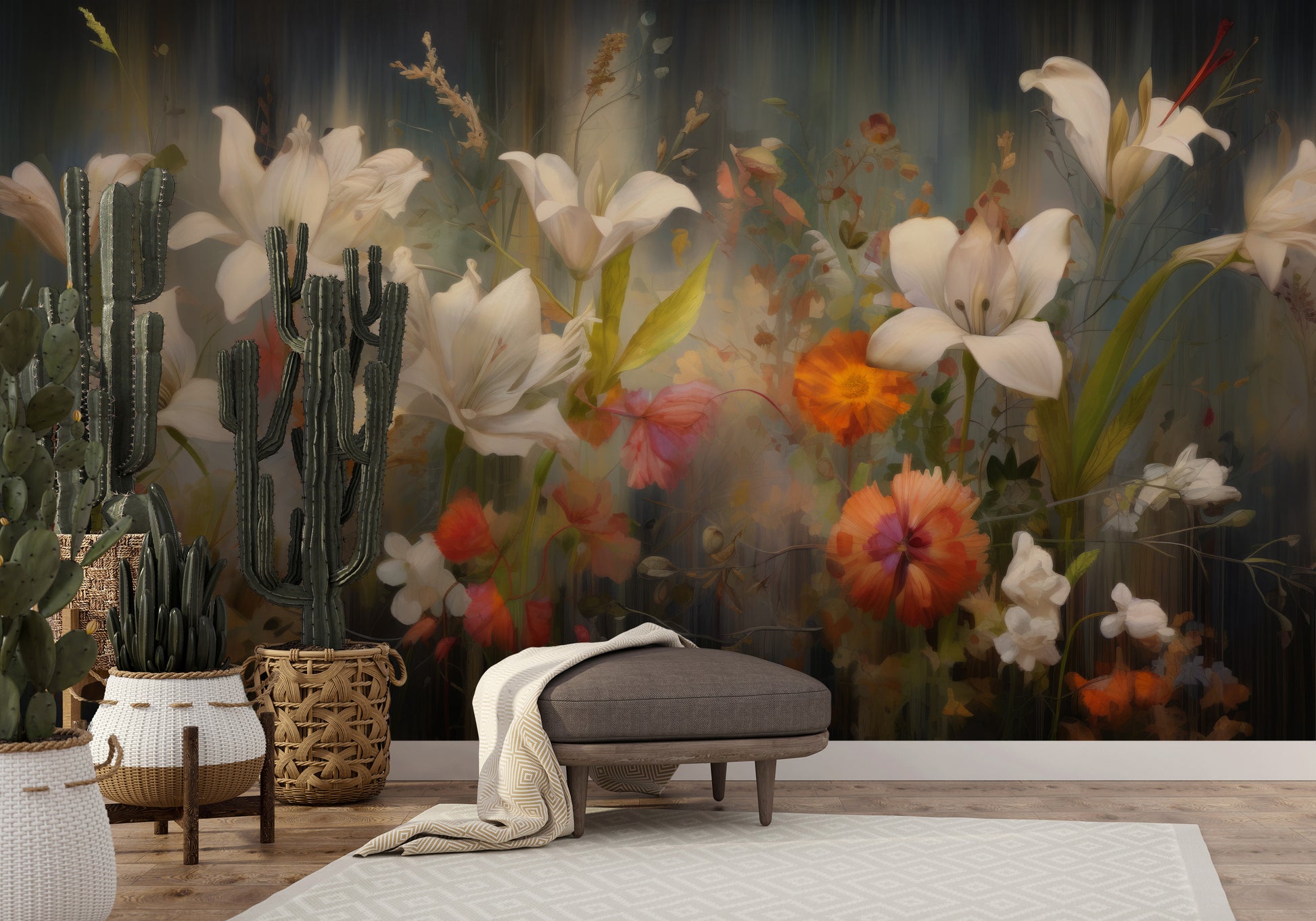Fototapeta artystyczna o nazwie Vibrant Blossom Symphony pokazana w aranżacji wnętrza.
