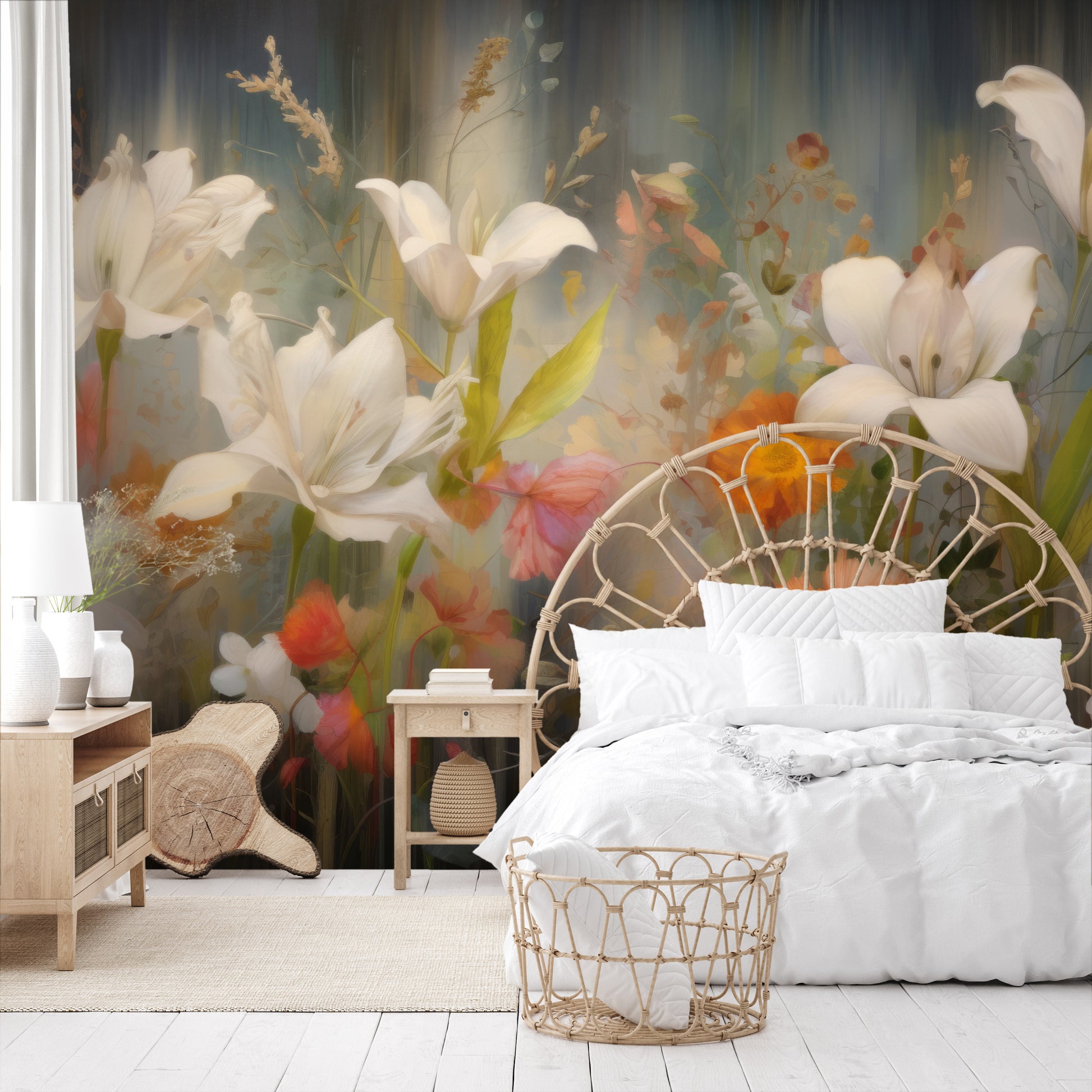 Fototapeta malowana o nazwie Vibrant Blossom Symphony pokazana w aranżacji wnętrza.