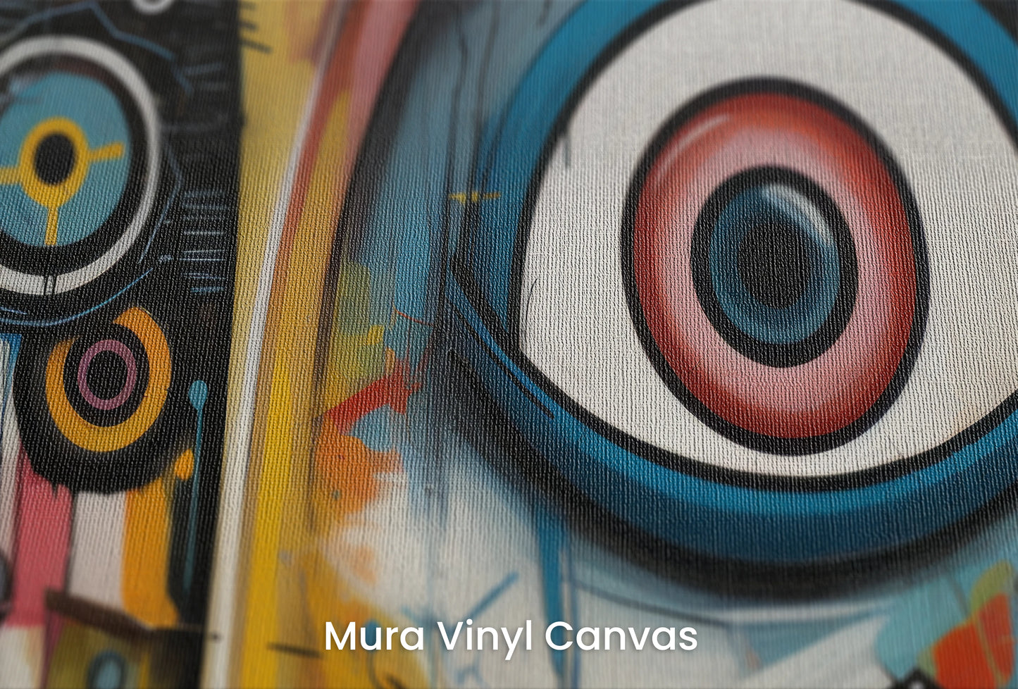 Zbliżenie na artystyczną fototapetę o nazwie Watchful Eyes na podłożu Mura Vinyl Canvas - faktura naturalnego płótna.