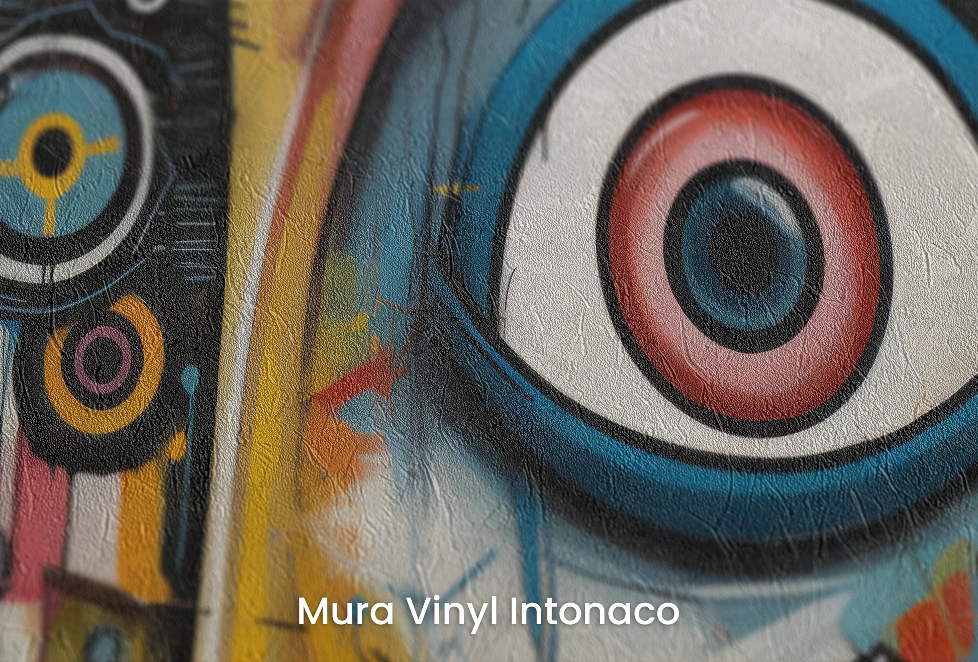 Zbliżenie na artystyczną fototapetę o nazwie Watchful Eyes na podłożu Mura Vinyl Intonaco - struktura tartego tynku.