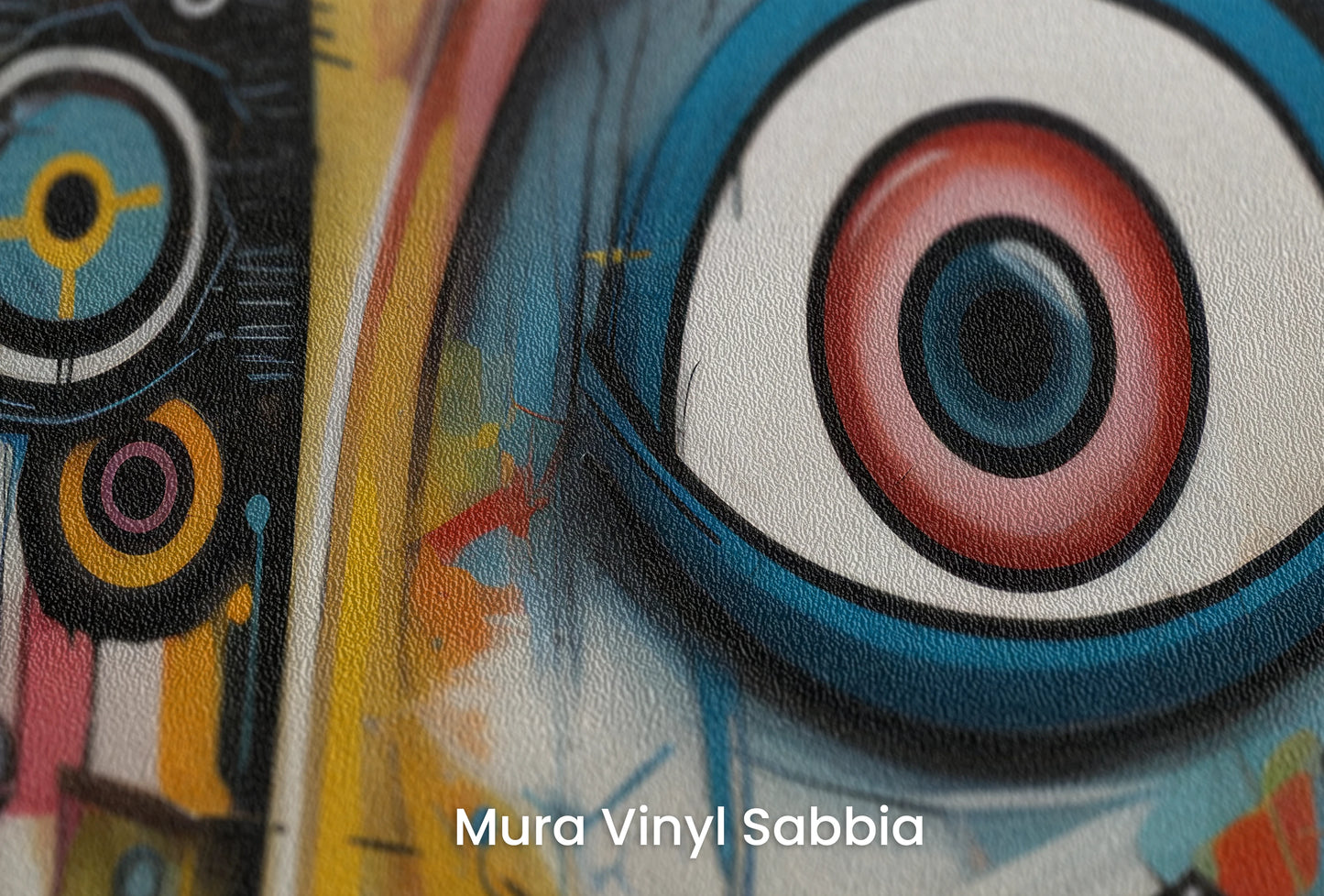 Zbliżenie na artystyczną fototapetę o nazwie Watchful Eyes na podłożu Mura Vinyl Sabbia struktura grubego ziarna piasku.