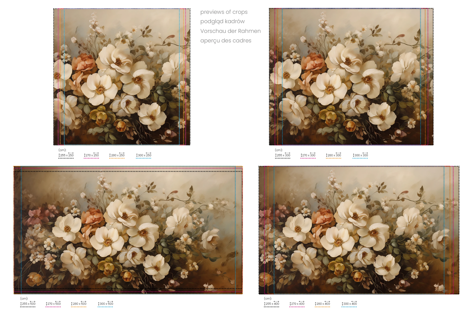 Na obrazie znajduje się prezentacja przykładowych rozmiarów fototapety o nazwie Classic Floral Harmony. Rozmiar fototapety jest dowolny.