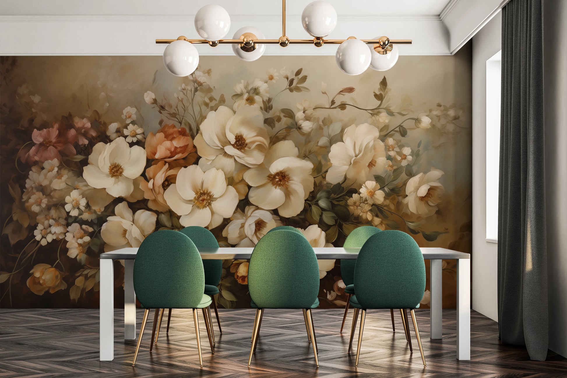 Wzór fototapety o nazwie Classic Floral Harmony pokazanej w kontekście pomieszczenia.
