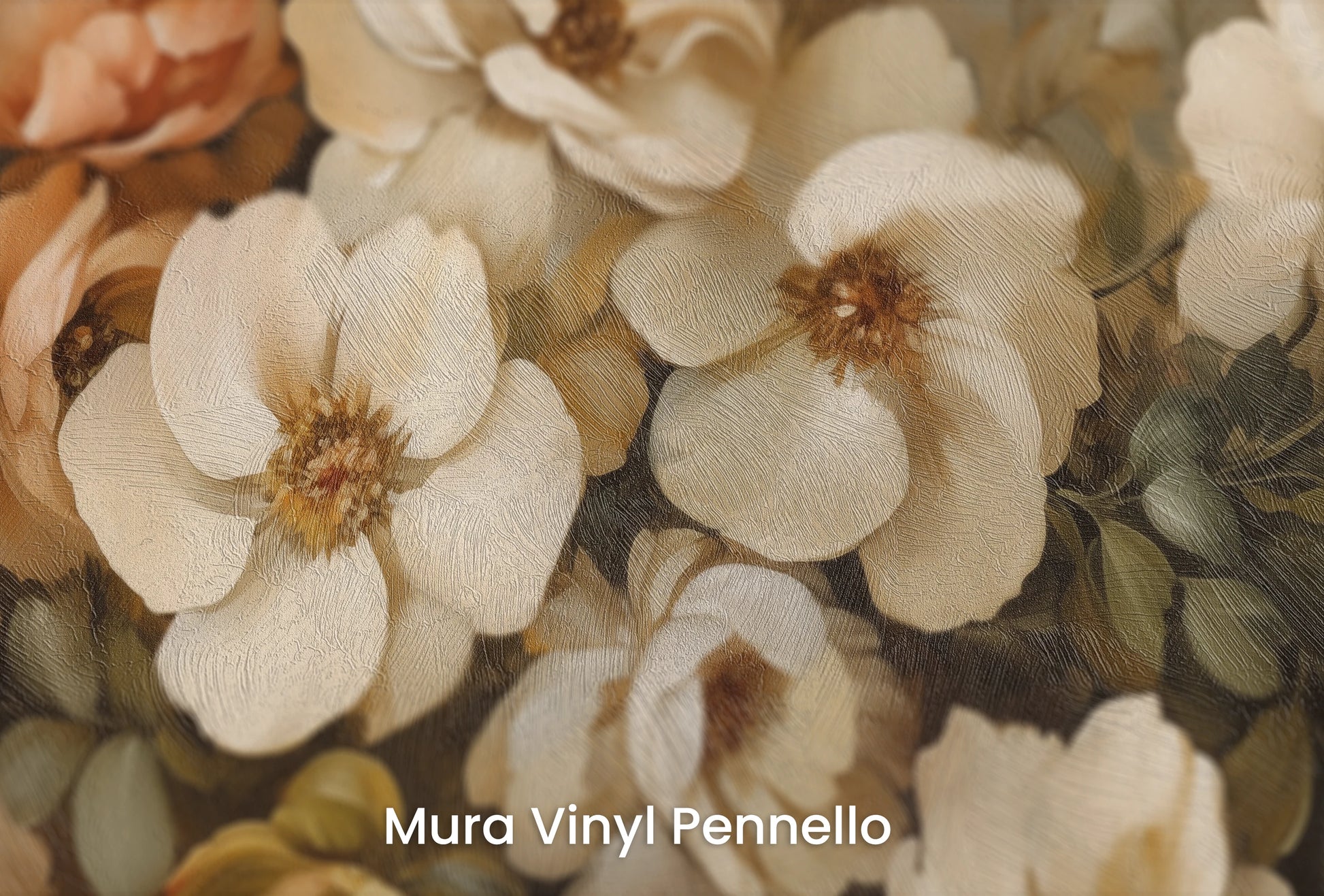 Zbliżenie na artystyczną fototapetę o nazwie Classic Floral Harmony na podłożu Mura Vinyl Pennello - faktura pociągnięć pędzla malarskiego.
