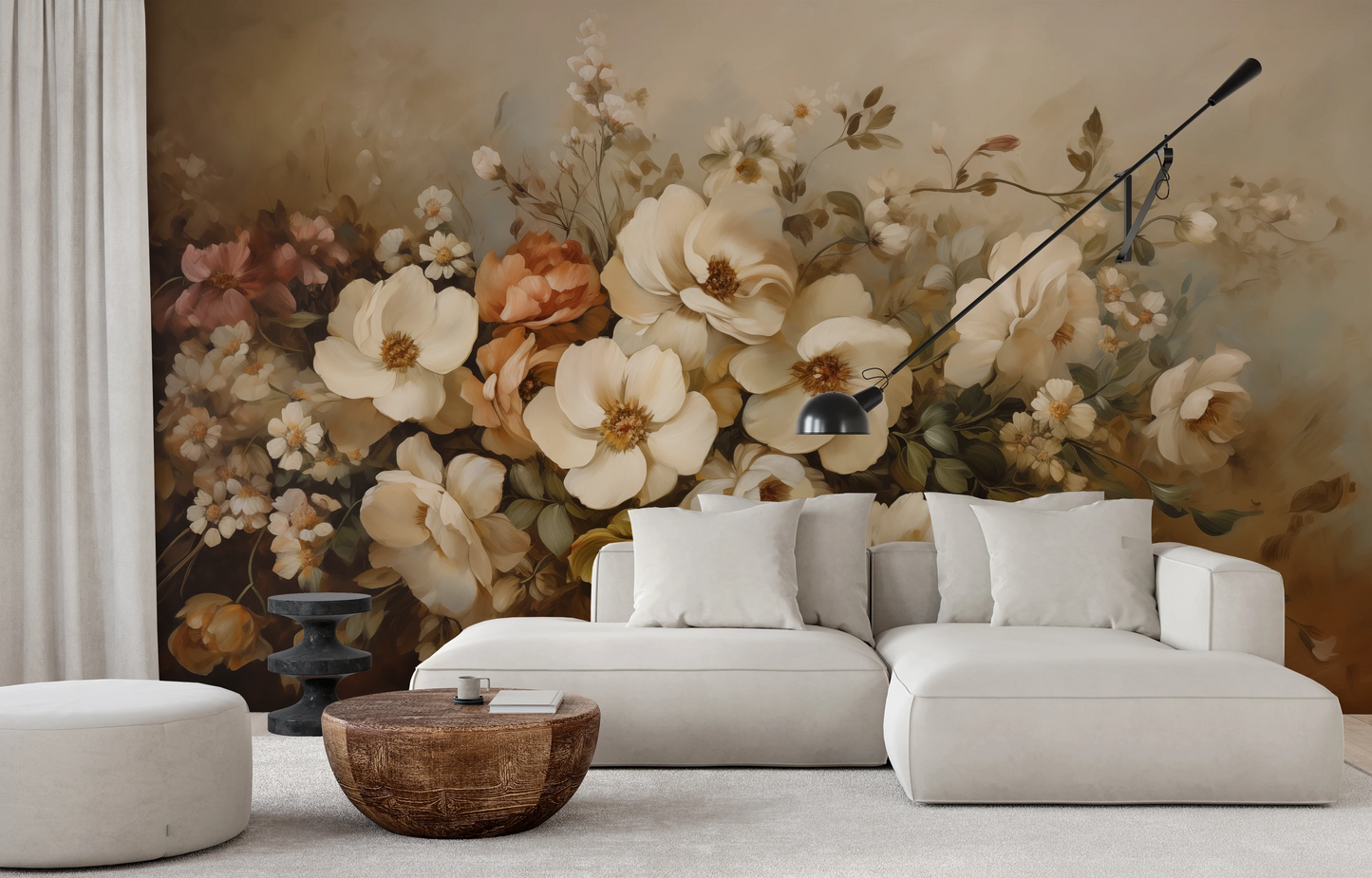 Wzór fototapety malowanej o nazwie Classic Floral Harmony pokazanej w aranżacji wnętrza.