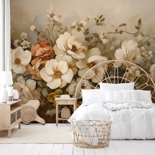 Wzór fototapety artystycznej o nazwie Classic Floral Harmony pokazanej w aranżacji wnętrza.