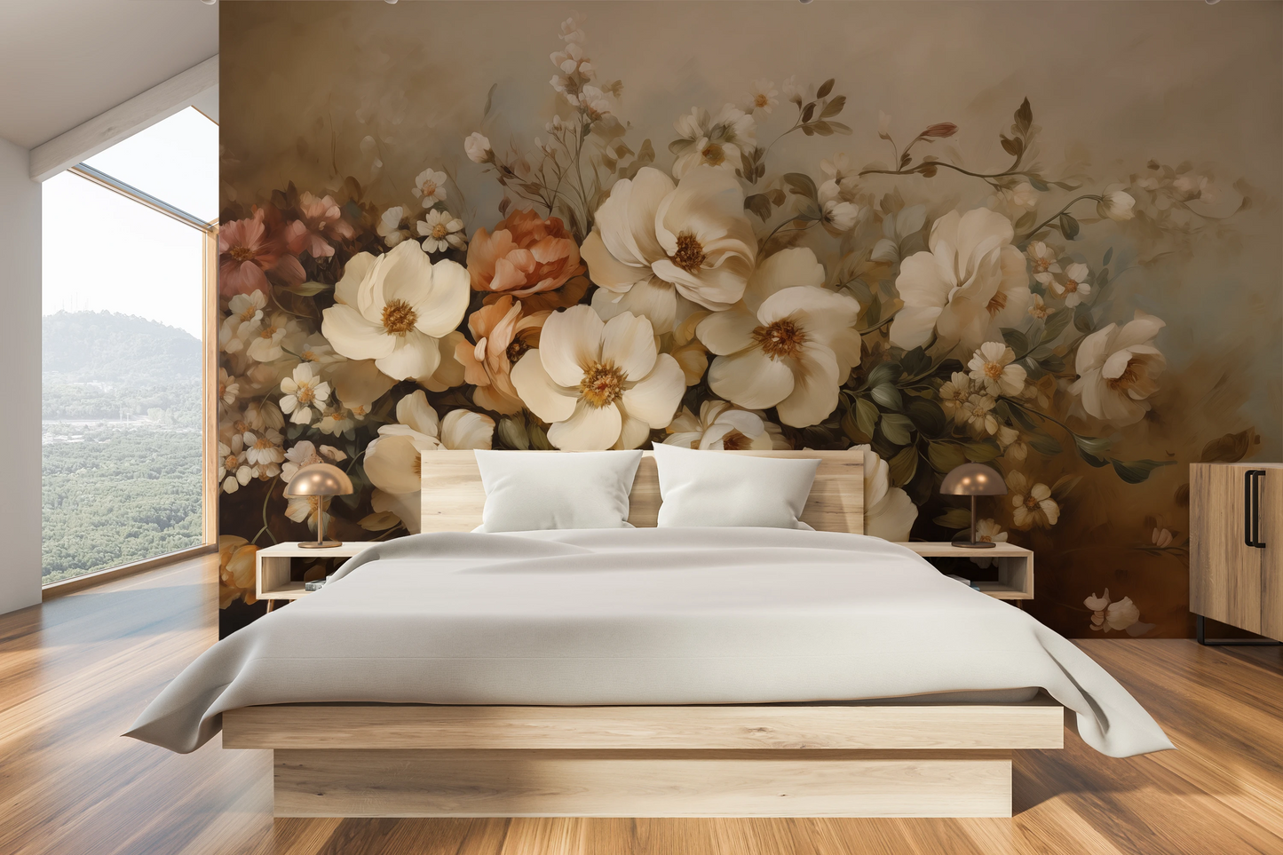 Wzór fototapety artystycznej o nazwie Classic Floral Harmony pokazanej w aranżacji wnętrza.