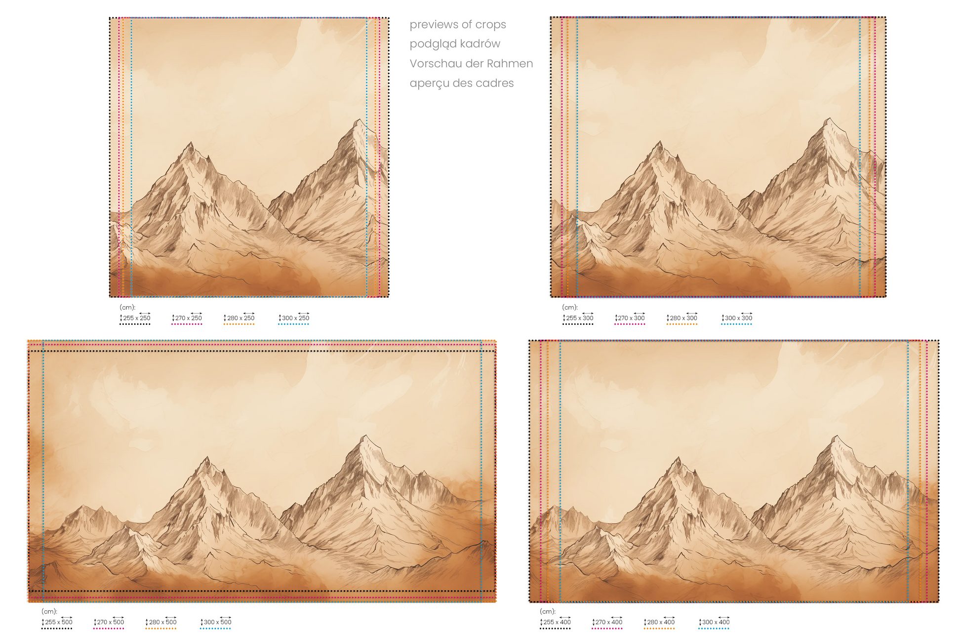 Na obrazie znajduje się prezentacja przykładowych rozmiarów fototapety o nazwie Sepia Mountain Range. Rozmiar fototapety jest dowolny.