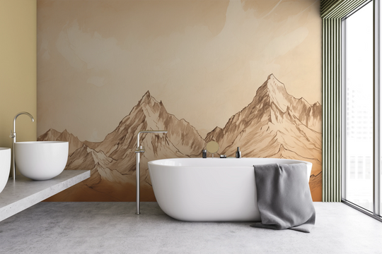 Wzór fototapety artystycznej o nazwie Sepia Mountain Range pokazanej w aranżacji wnętrza.