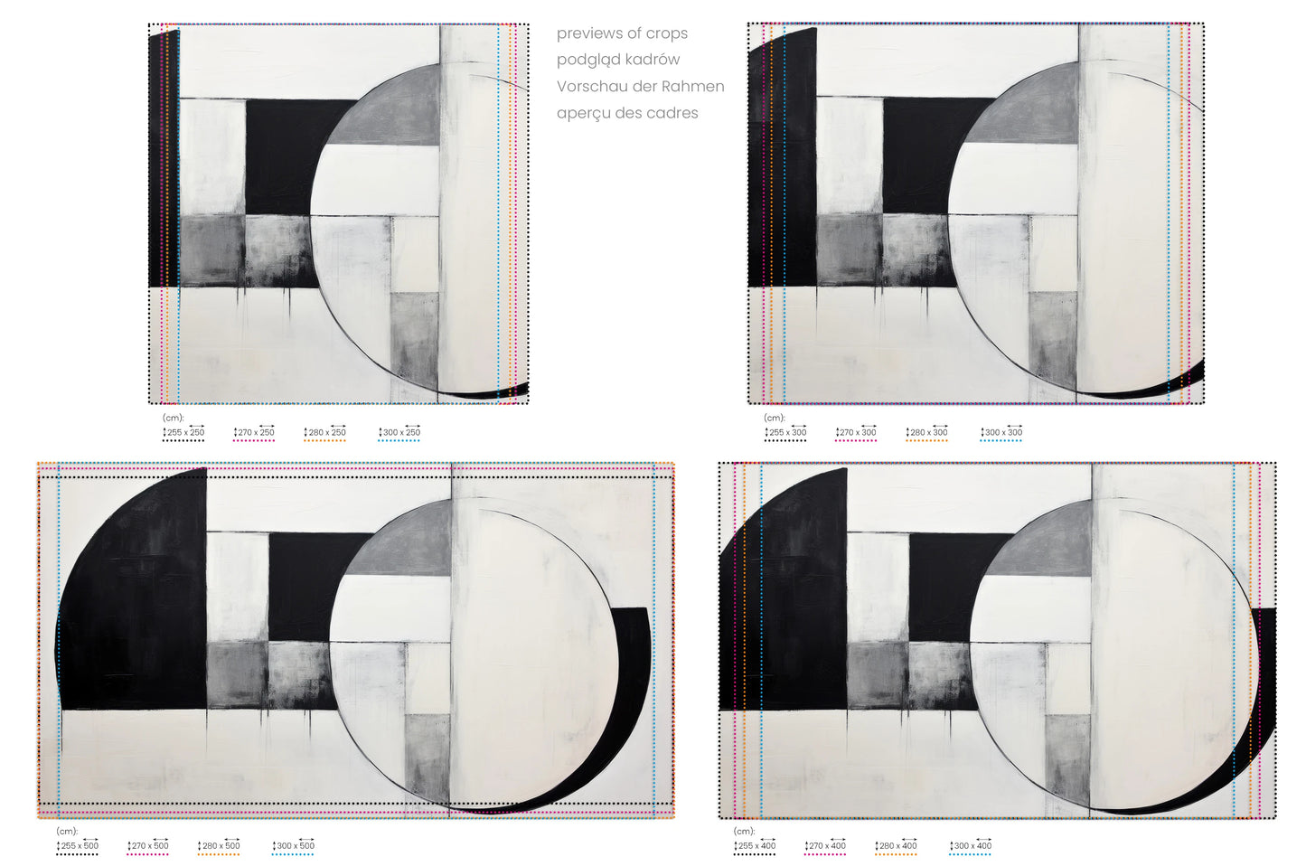 Na obrazie znajduje się prezentacja przykładowych rozmiarów fototapety o nazwie Minimalist Lunar Phase. Rozmiar fototapety jest dowolny.