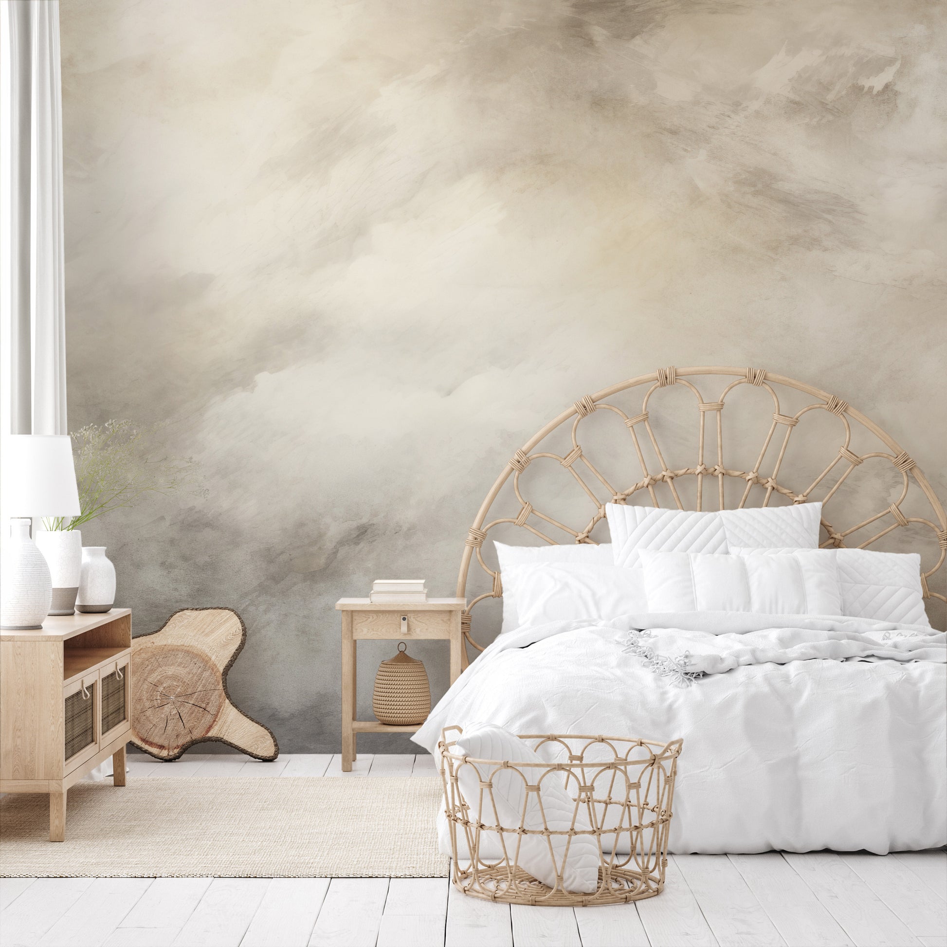 Wzór fototapety malowanej o nazwie WHISPERING MIST MURAL pokazanej w aranżacji wnętrza.