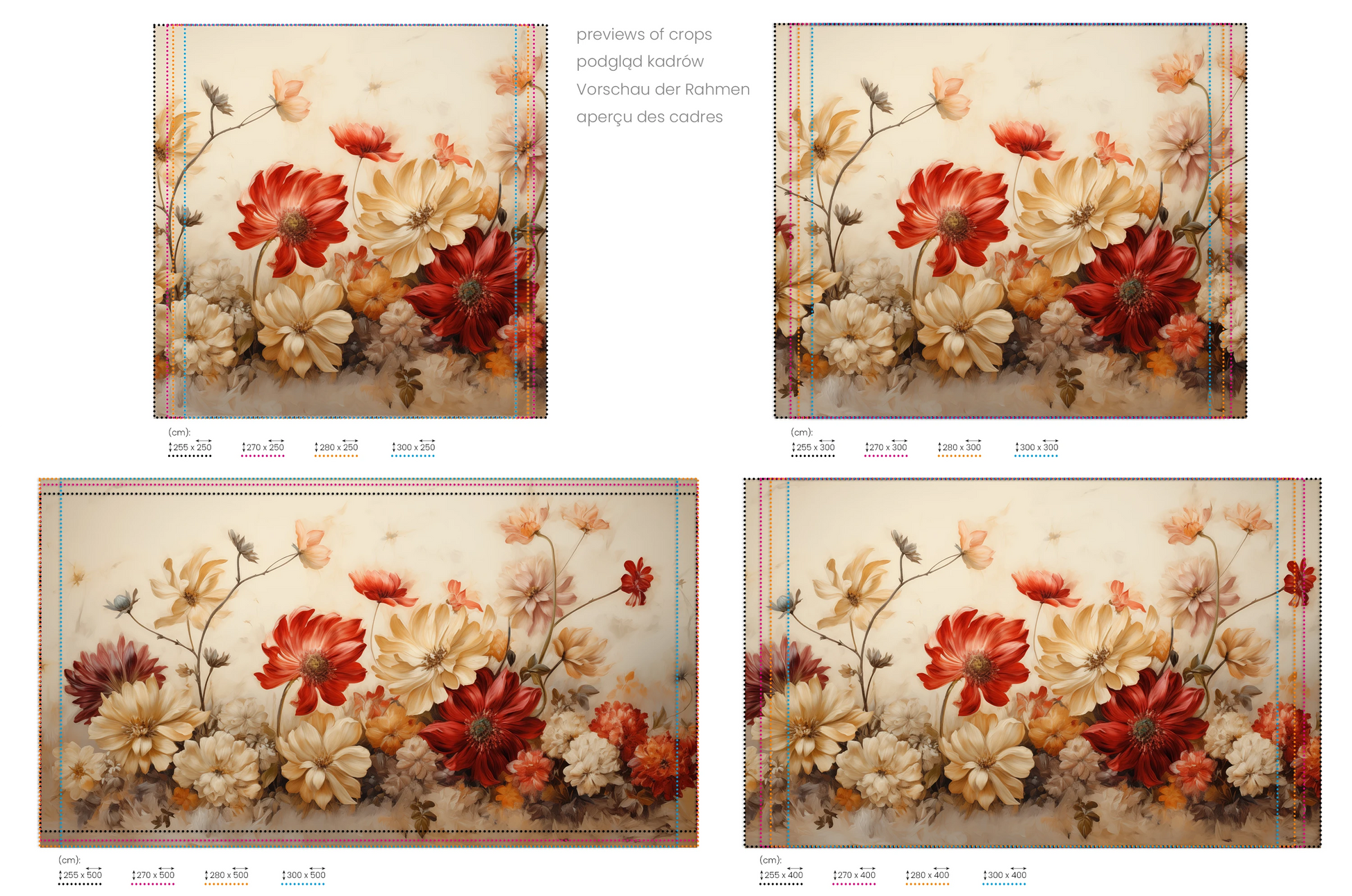 Na obrazie znajduje się prezentacja przykładowych rozmiarów fototapety o nazwie Autumn Floral Bouquet. Rozmiar fototapety jest dowolny.