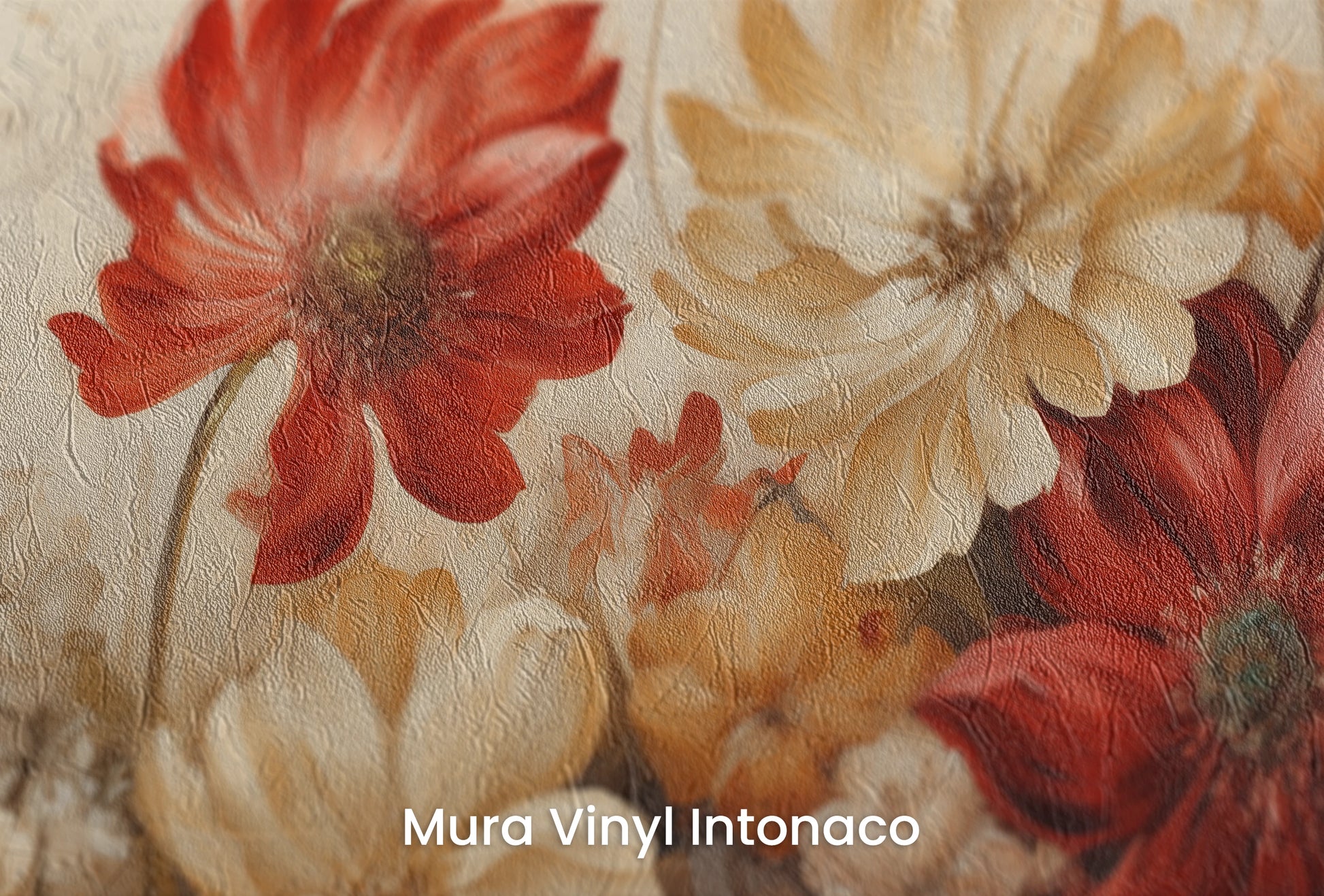 Zbliżenie na artystyczną fototapetę o nazwie Autumn Floral Bouquet na podłożu Mura Vinyl Intonaco - struktura tartego tynku.